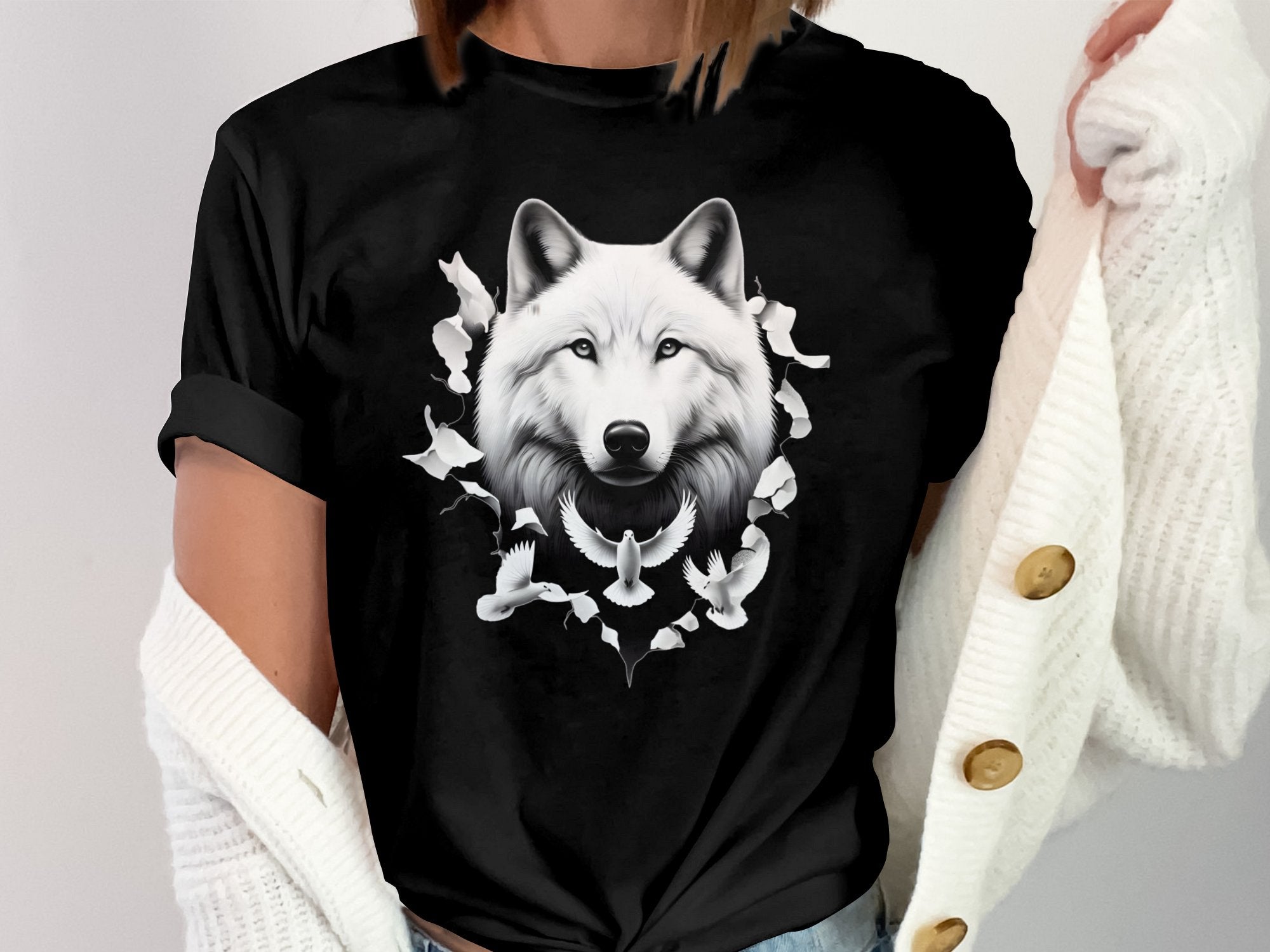 Wolf x Doves - Black White Gildan T-Shirt Realistic Animal Talisman Unisex Tee Graphic Design