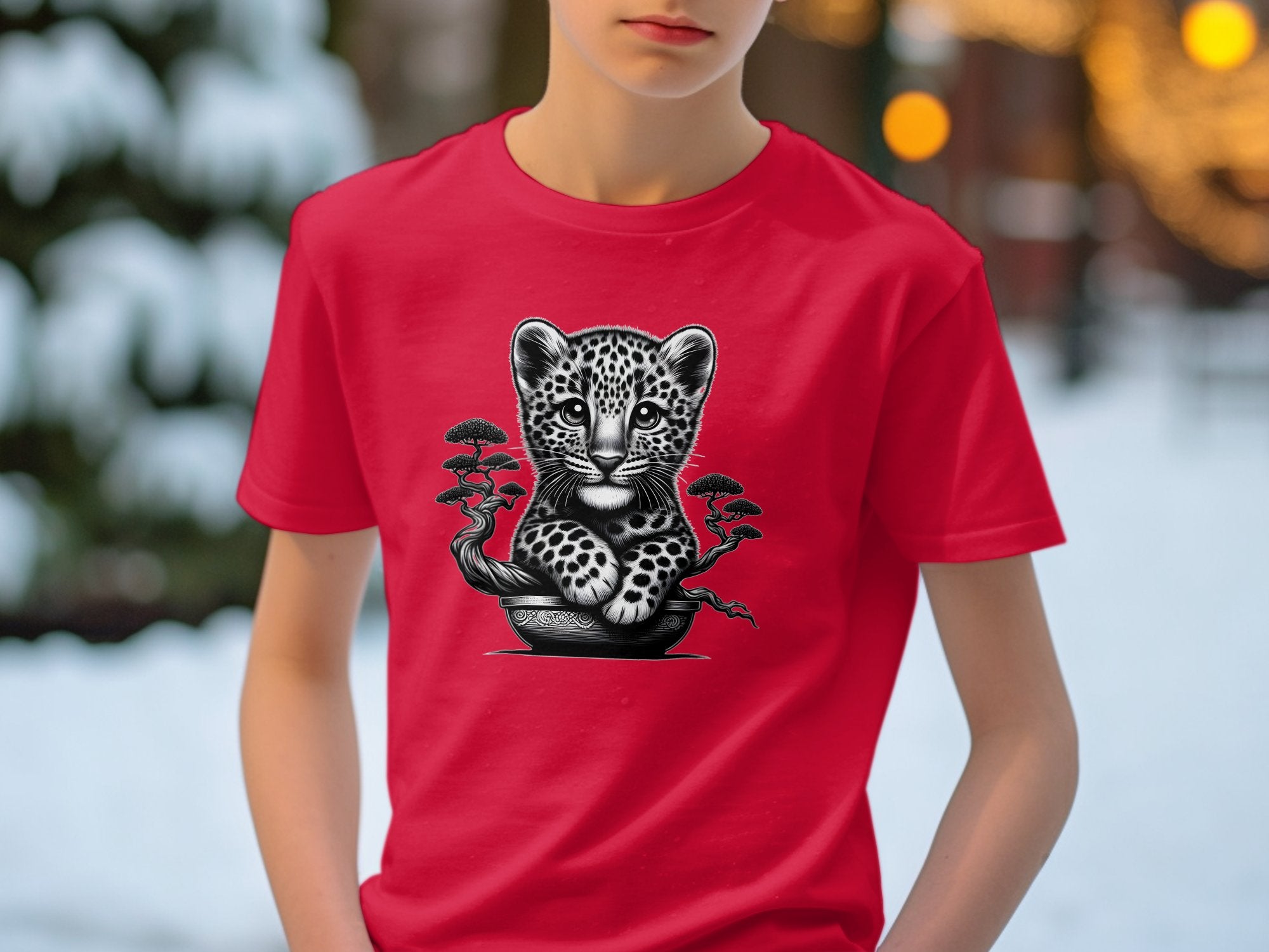 Leopard Bonsai - Coloured Gildan Kids T-Shirt Realistic Animal Talisman Unisex Cute Tee Graphic Design