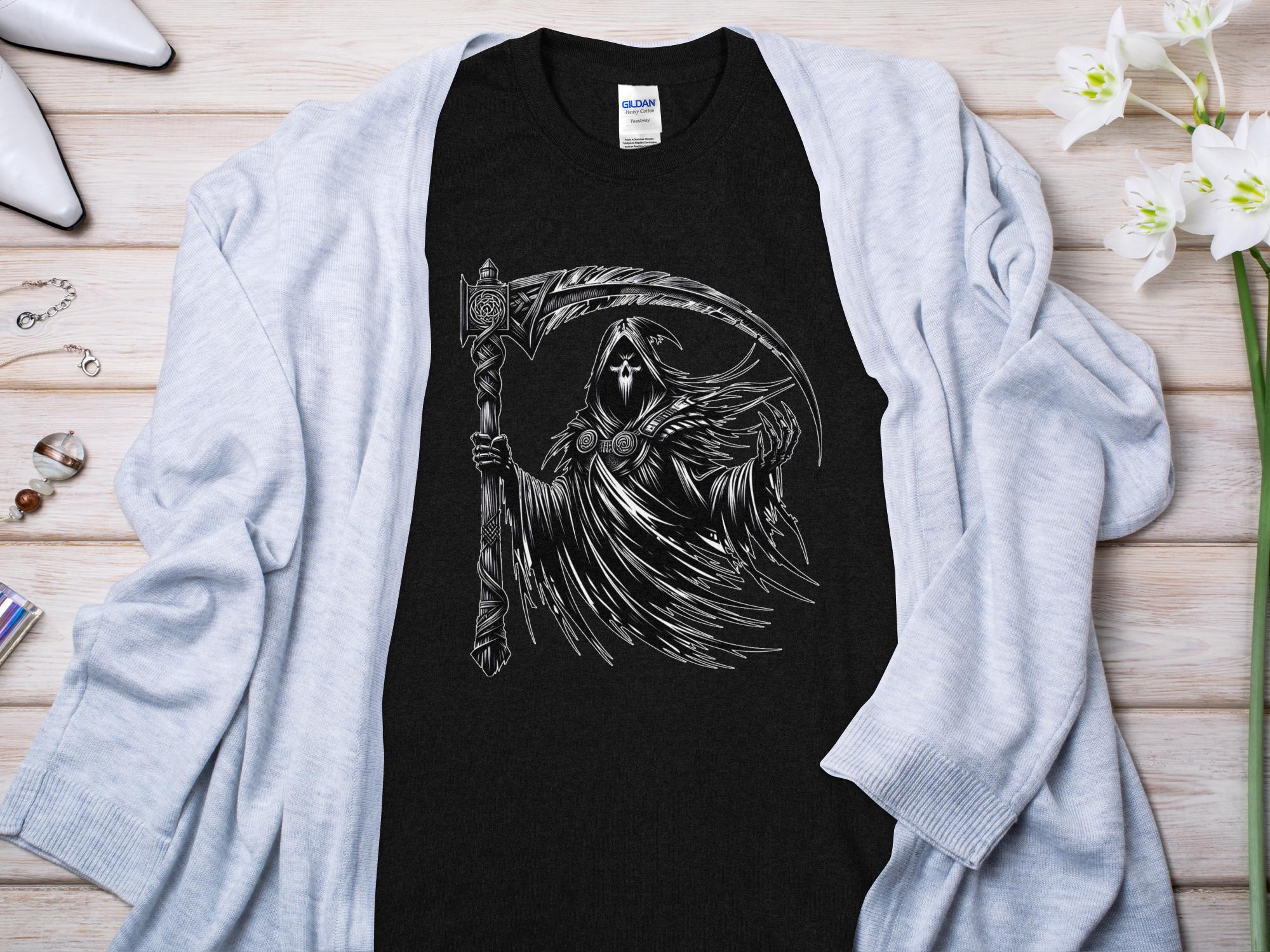 Grim Reaper - Black White Gildan T-Shirt Commemorative Talisman Unisex Tee Graphic Design