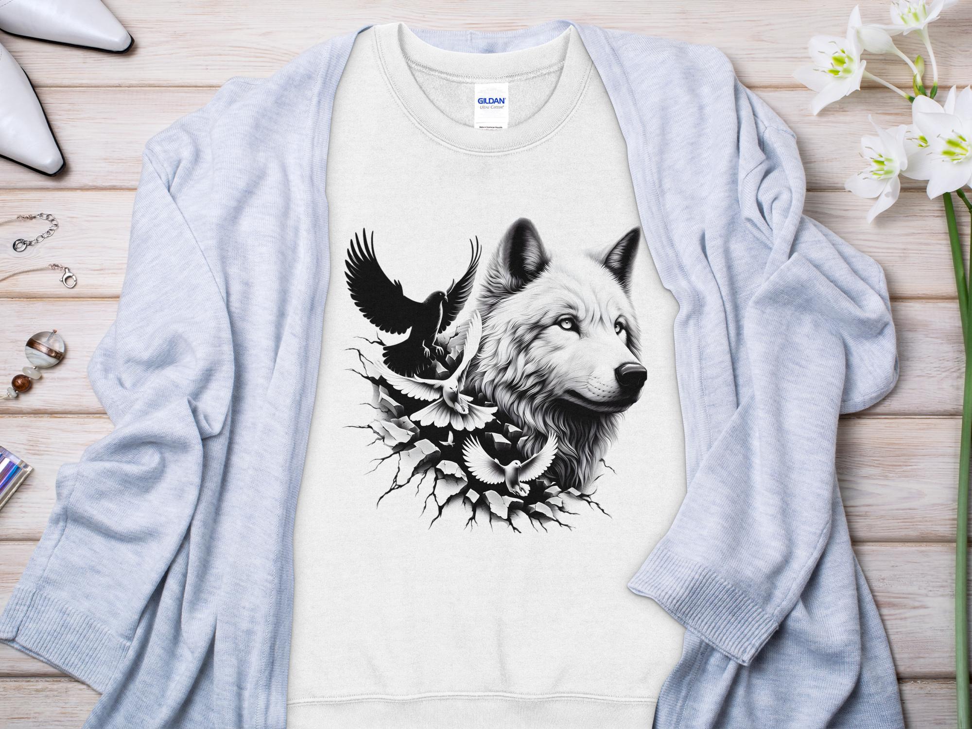 Wolf x Doves - Black White Gildan Sweatshirt Realistic Animal Talisman Unisex Tee Graphic Design