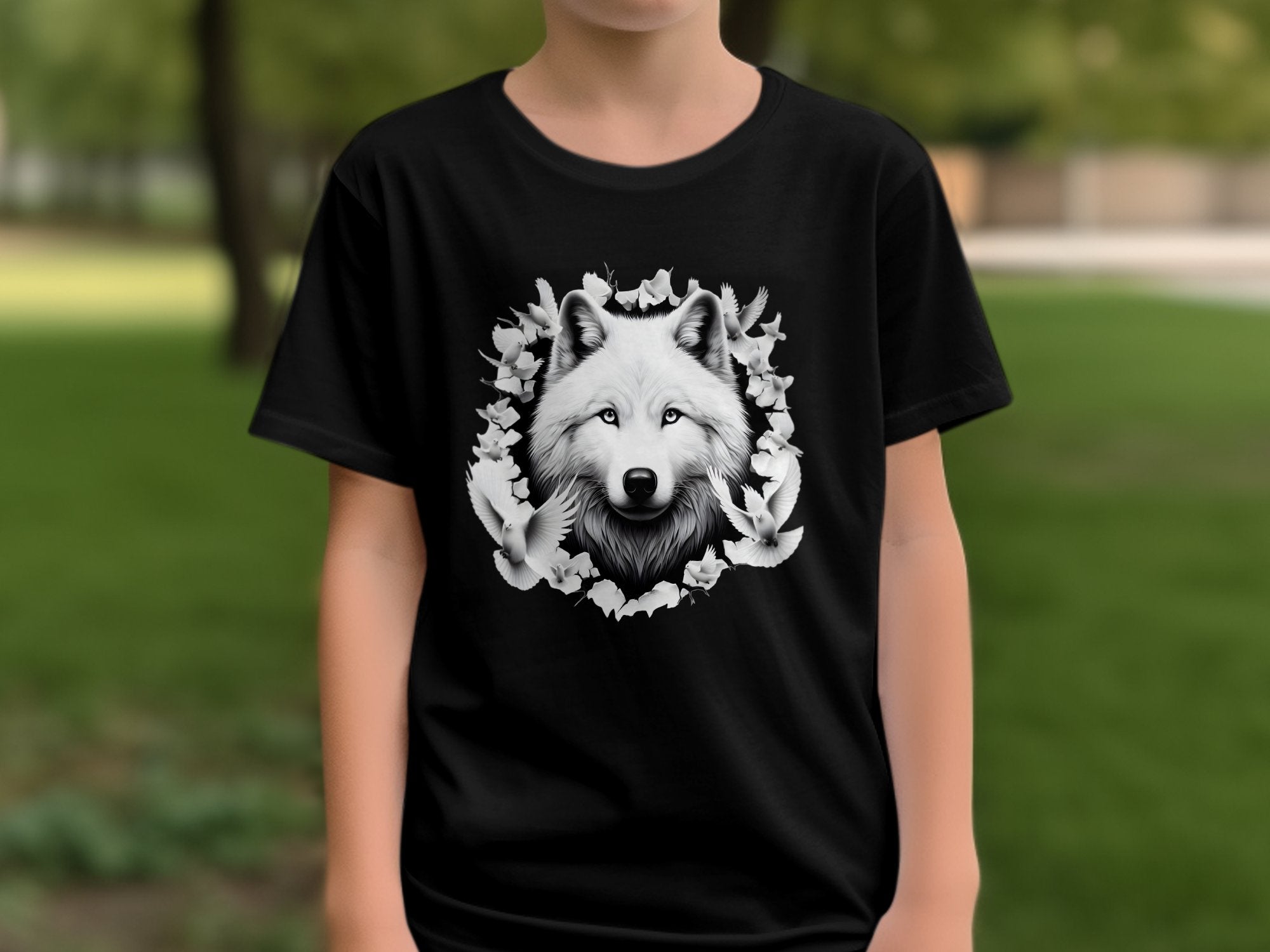 Wolf x Doves - Black White Gildan Kids T-Shirt Realistic Animal Talisman Unisex Tee Graphic Design