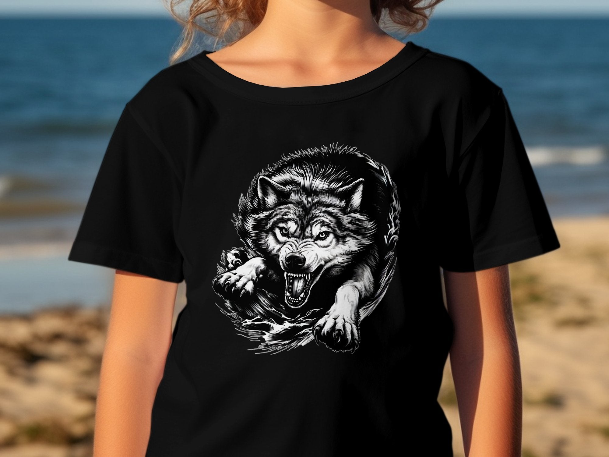 Wolf Tribal - Black White Gildan Kids T-Shirt Realistic Animal Talisman Unisex Tee Graphic Design