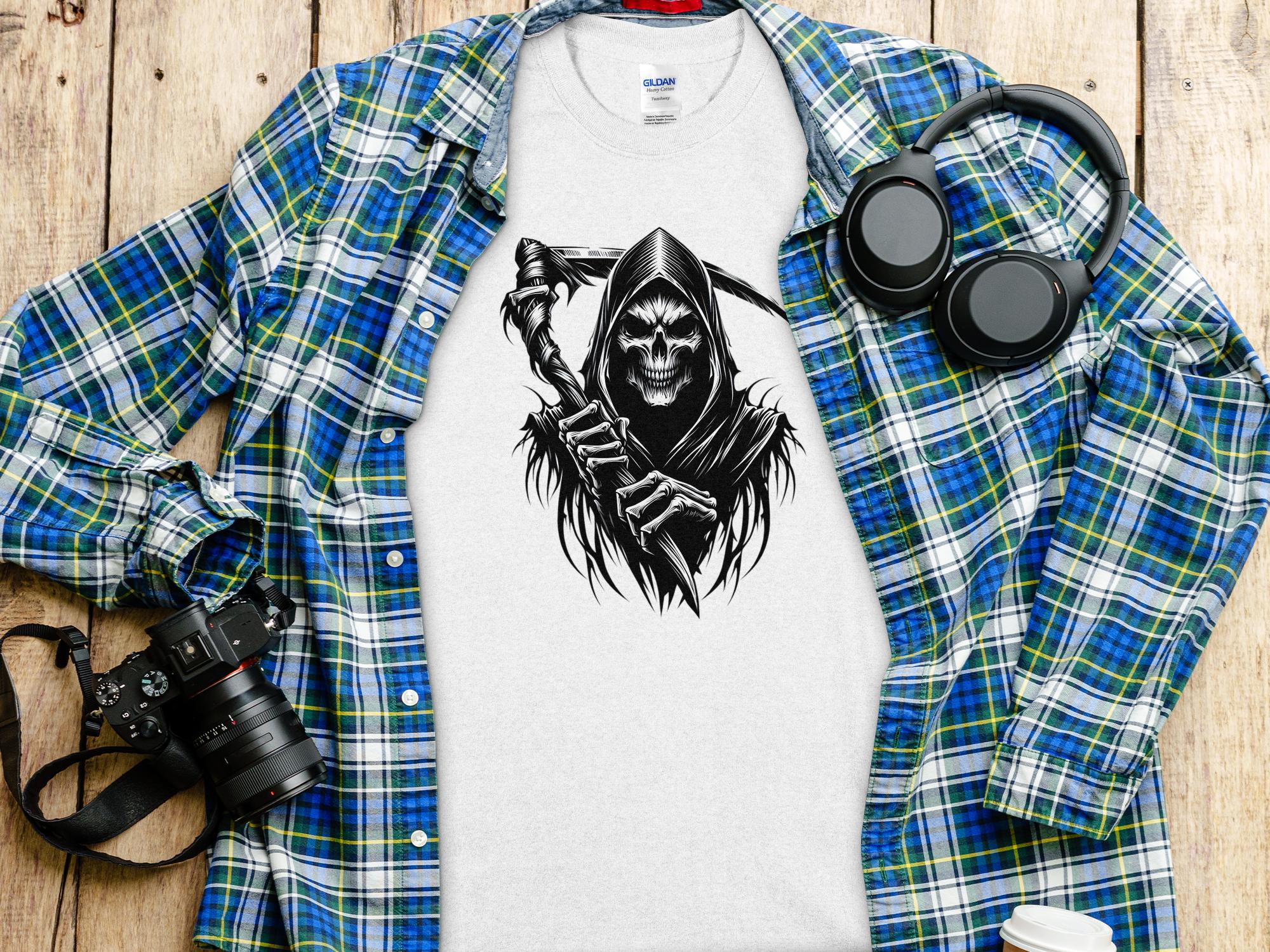 Grim Reaper - Black White Gildan T-Shirt Commemorative Talisman Unisex Tee Graphic Design