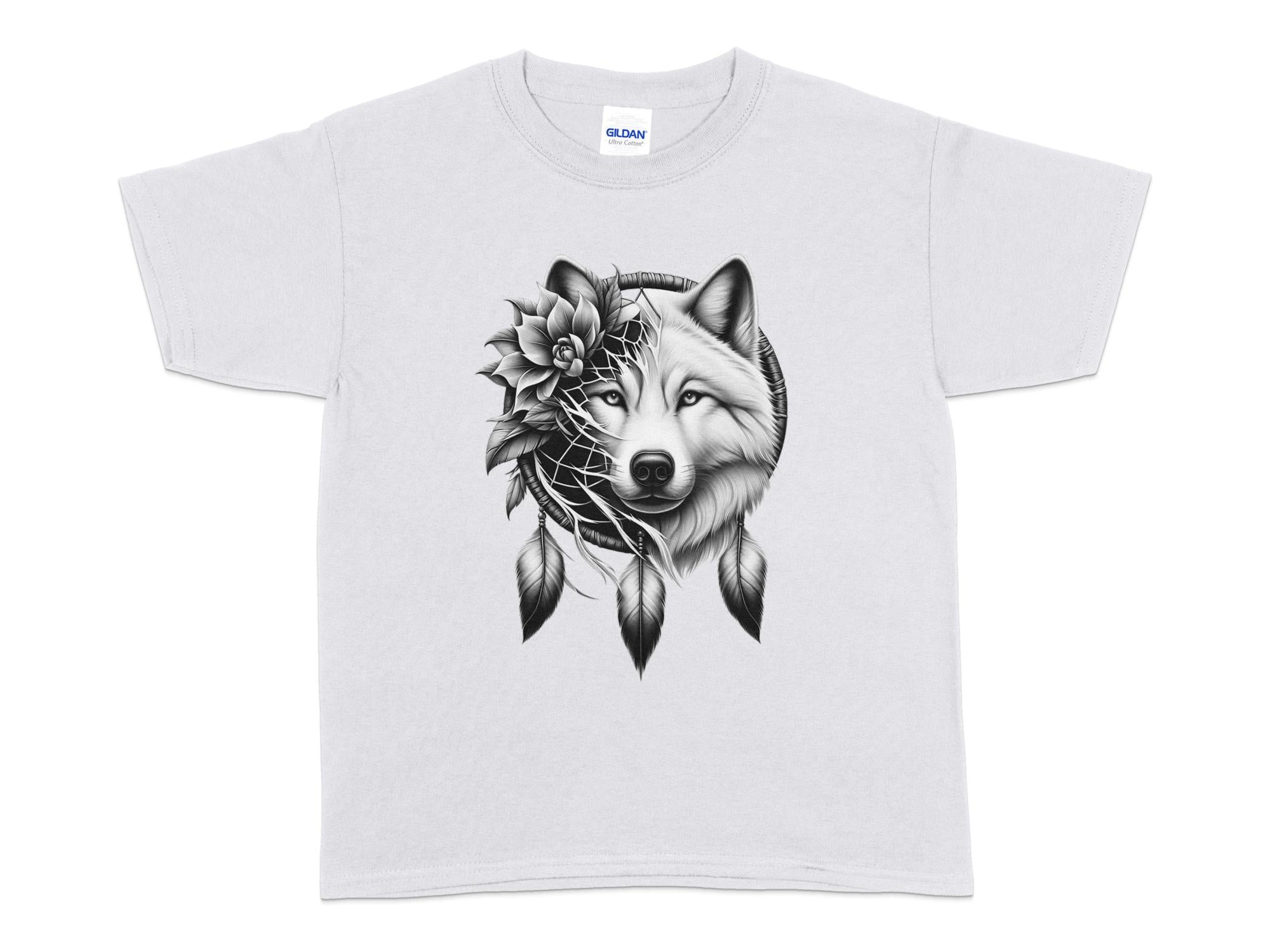 Dreamcatcher Wolf - Coloured Gildan Kids T-Shirt Realistic Native American Talisman Unisex Mythology Tee Graphic Design