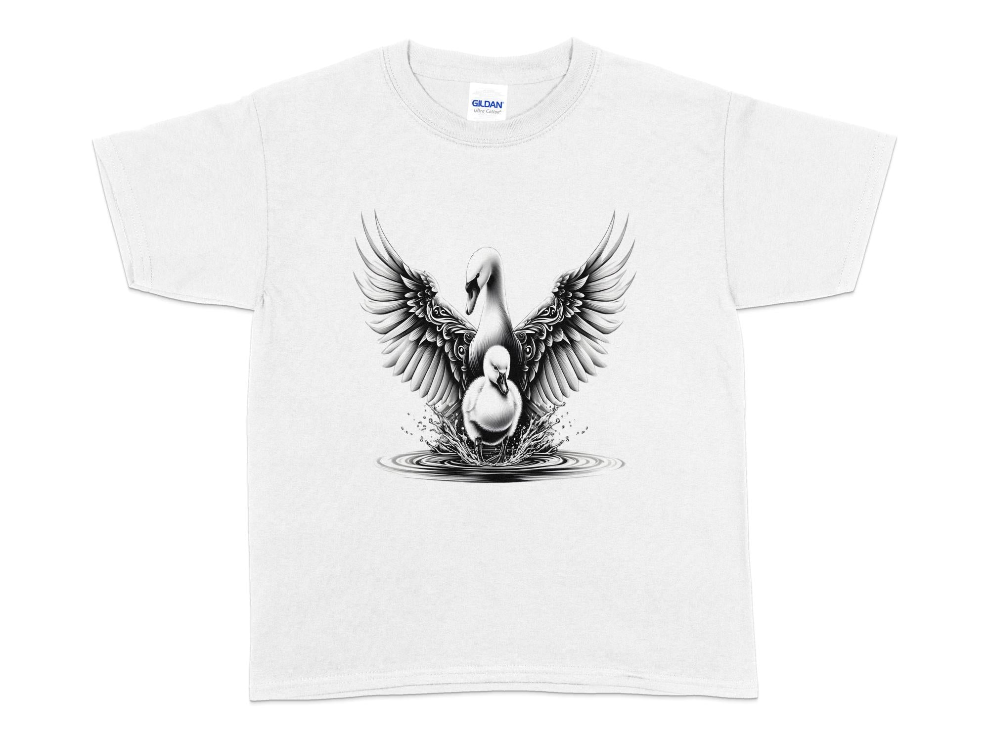 Swan & Cygnet- Black White Gildan Kids T-Shirt Realistic Family Talisman Unisex Tee Graphic Design