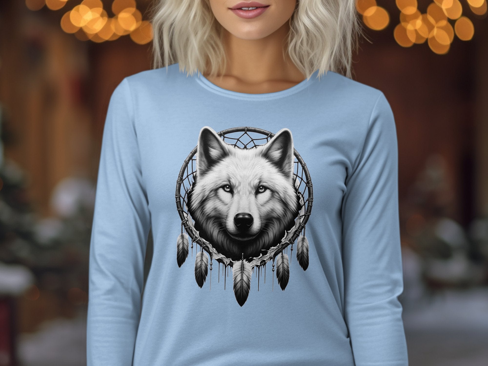 Dreamcatcher Wolf - Coloured Gildan Long Sleeve Realistic Native American Talisman Unisex Mythology Tee Graphic Design