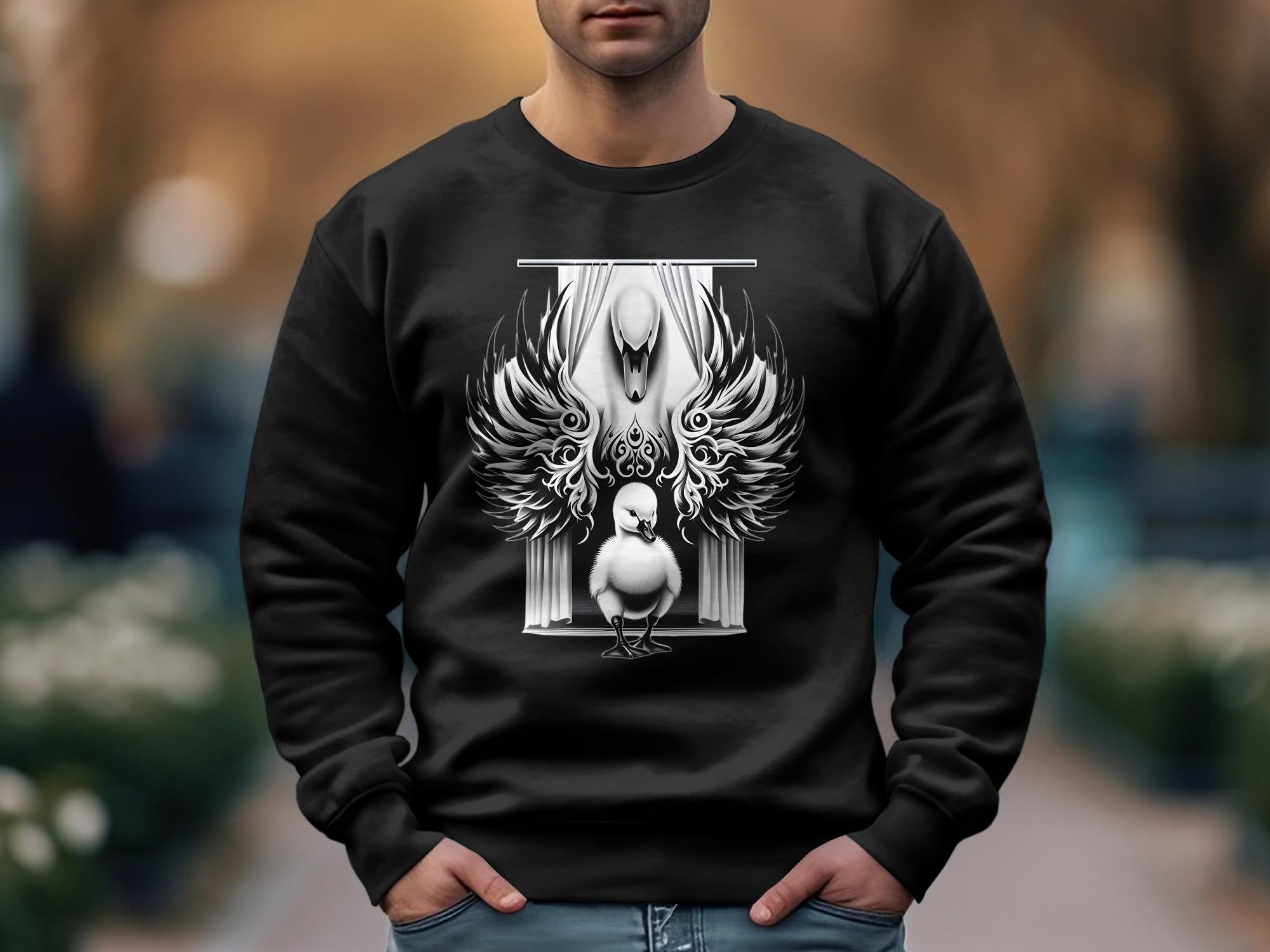 Swan & Cygnet- Black White Gildan Sweatshirt Realistic Family Talisman Unisex Tee Graphic Design