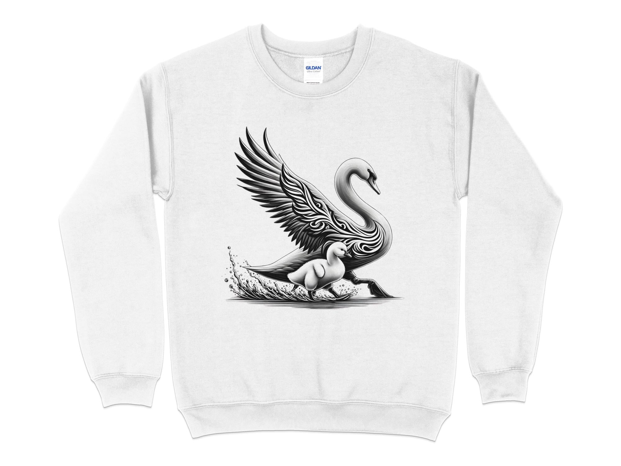 Swan & Cygnet- Black White Gildan Sweatshirt Realistic Family Talisman Unisex Tee Graphic Design