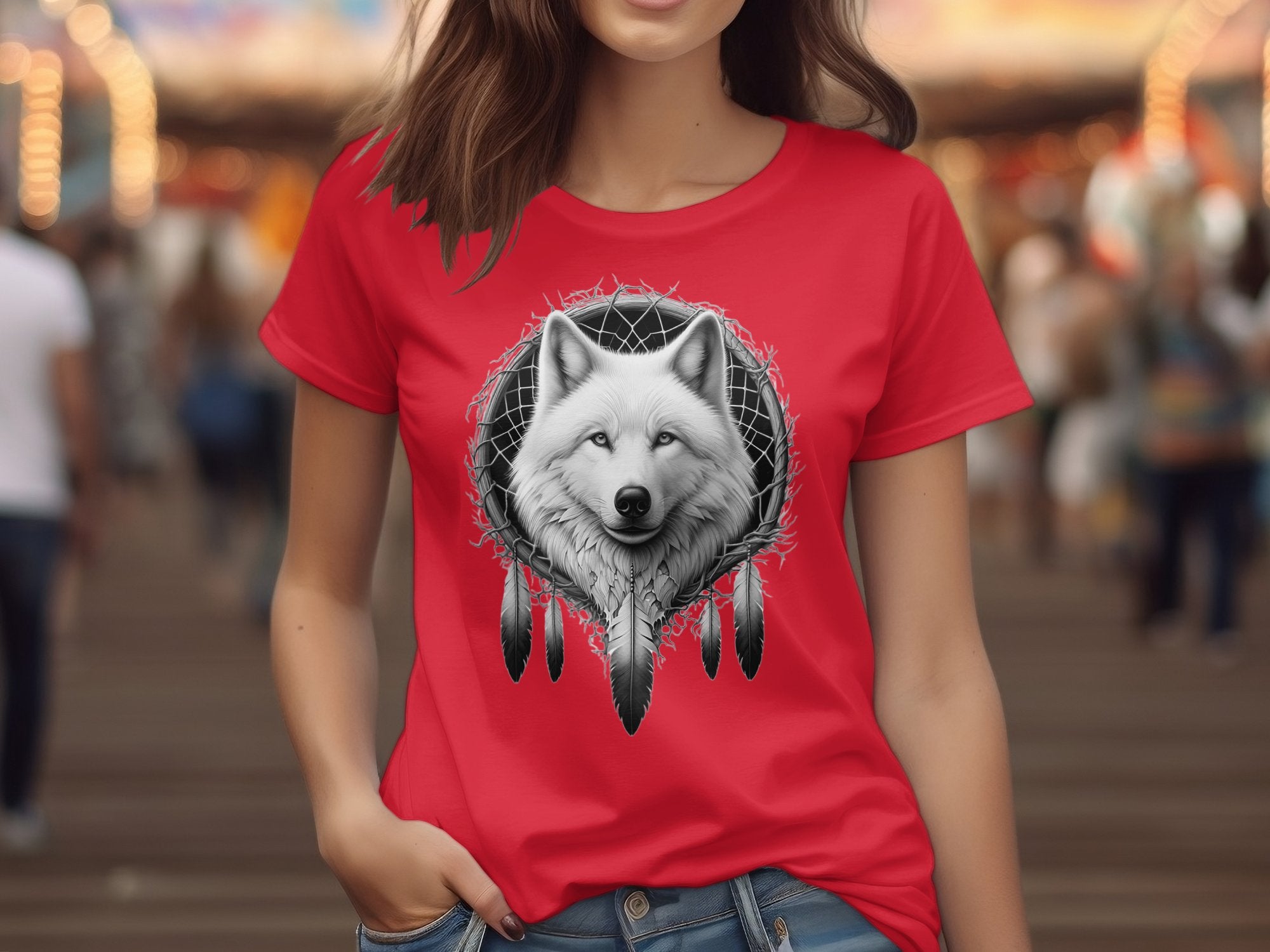 Dreamcatcher Wolf - Coloured Gildan T-Shirt Realistic Native American Talisman Unisex Mythology Tee Graphic Design