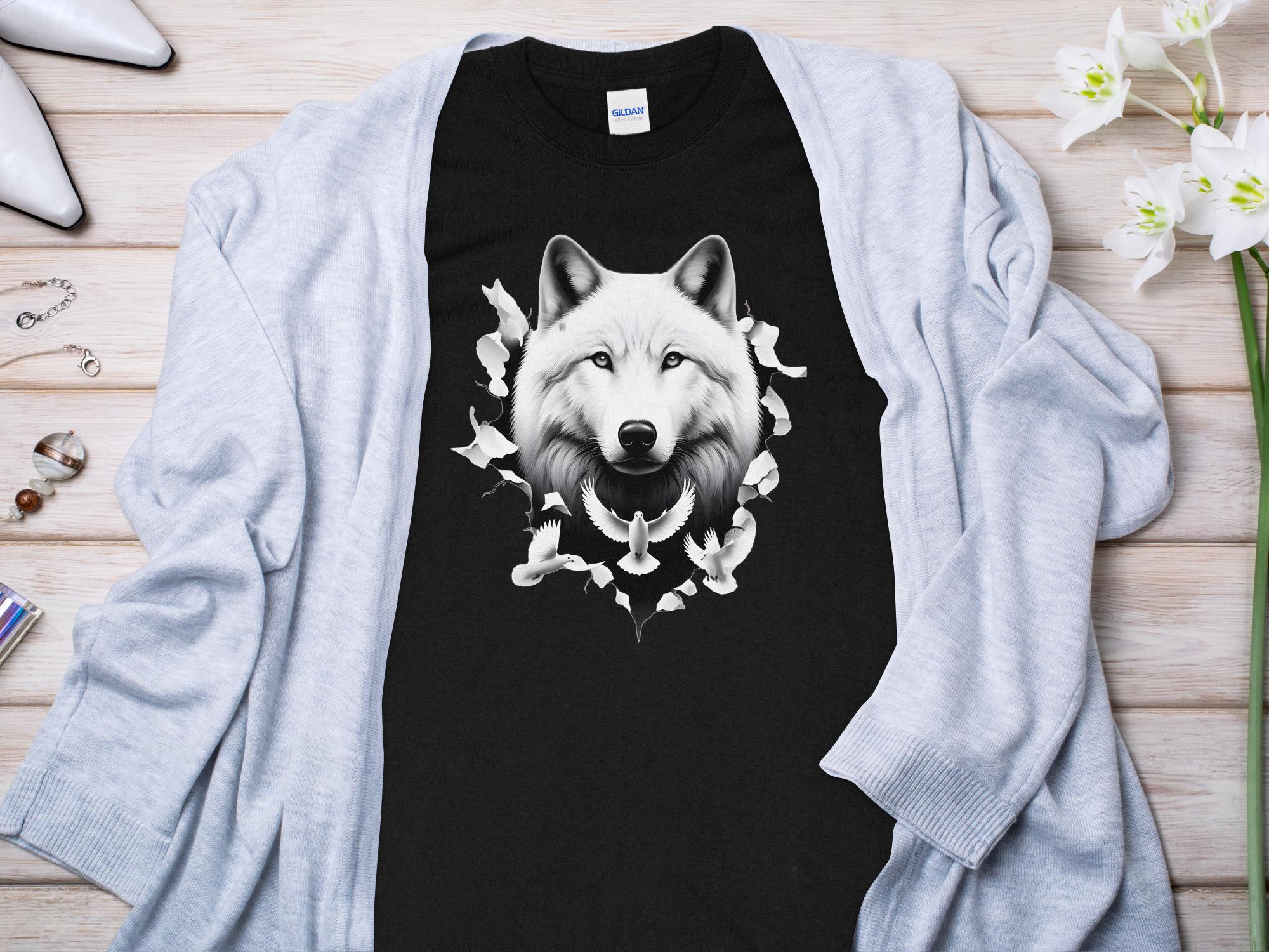 Wolf x Doves - Black White Gildan Long Sleeve Realistic Animal Talisman Unisex Tee Graphic Design