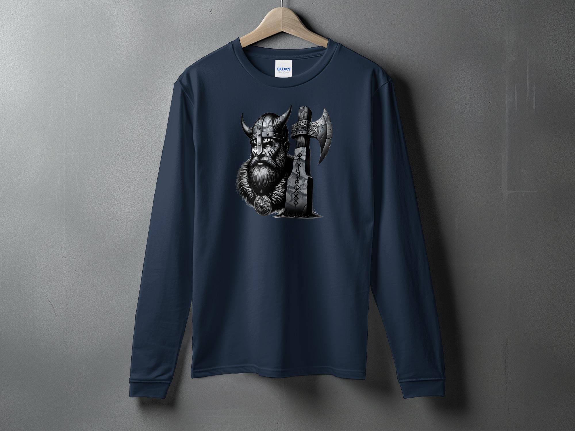 Viking Warrior - Coloured Gildan Long Sleeve Realistic Norse Talisman Men Women Unisex Valhalla Tee Graphic Design