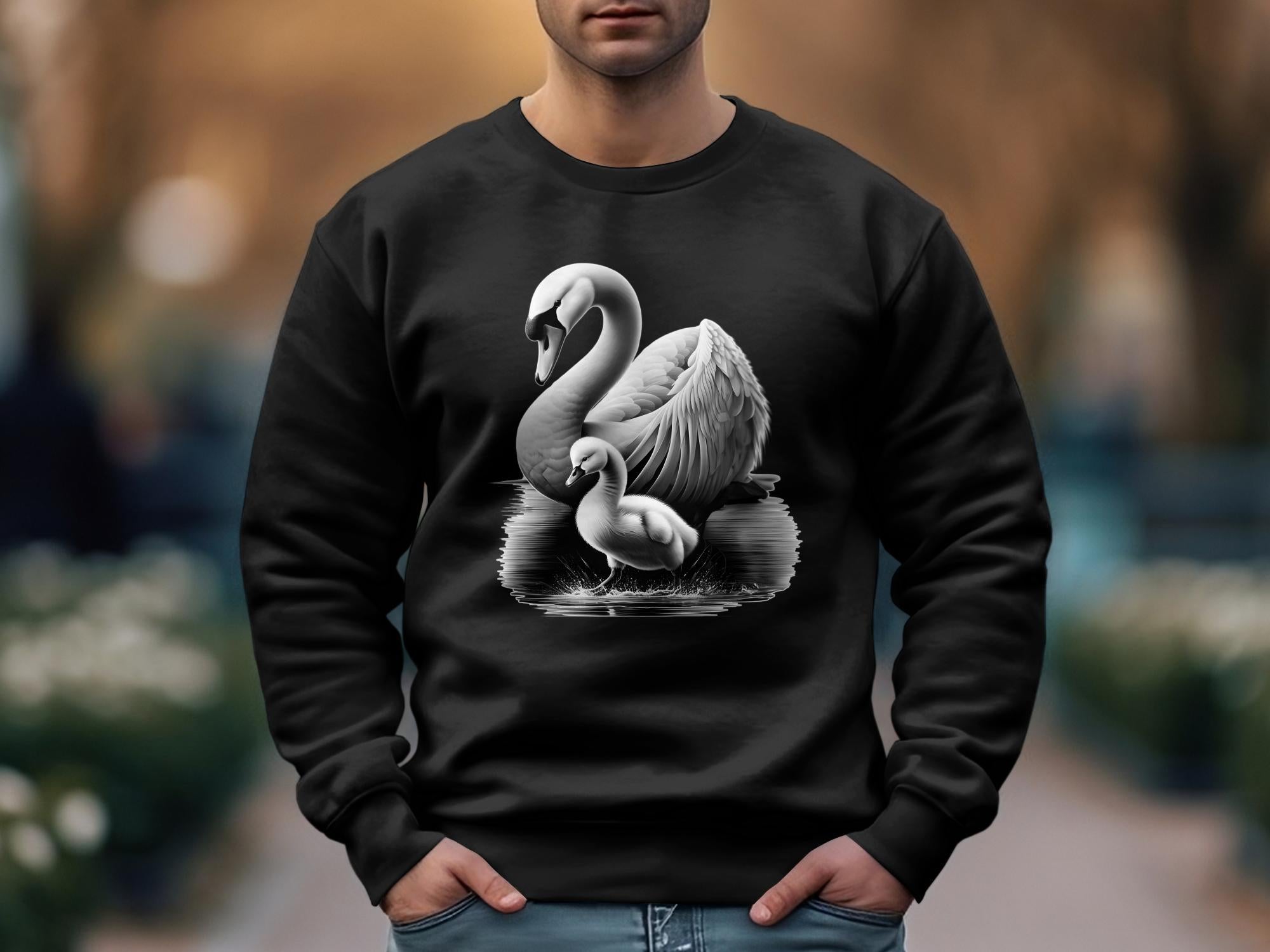 Swan & Cygnet- Black White Gildan Sweatshirt Realistic Family Talisman Unisex Tee Graphic Design