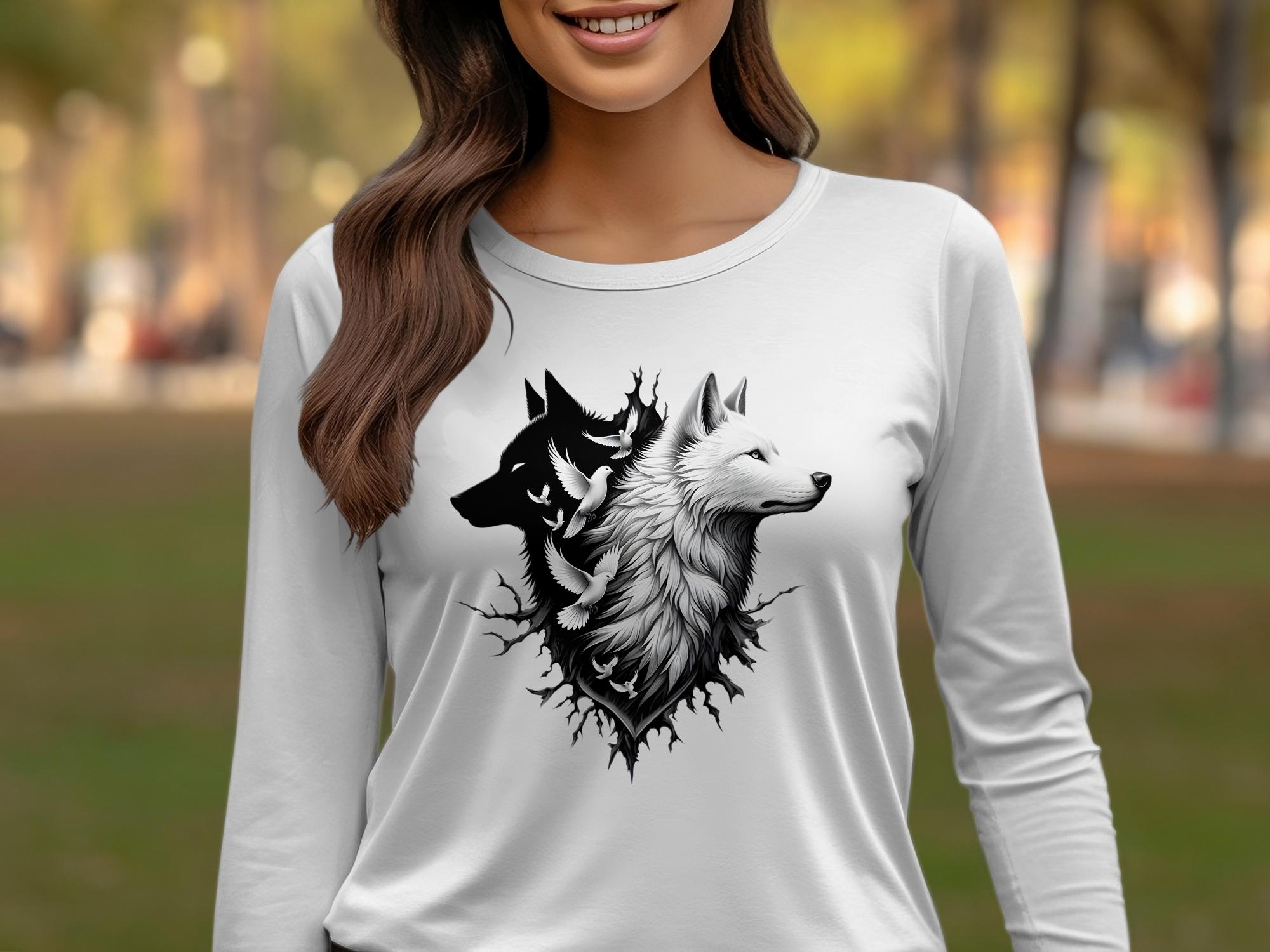 Wolf x Doves - Black White Gildan Long Sleeve Realistic Animal Talisman Unisex Tee Graphic Design