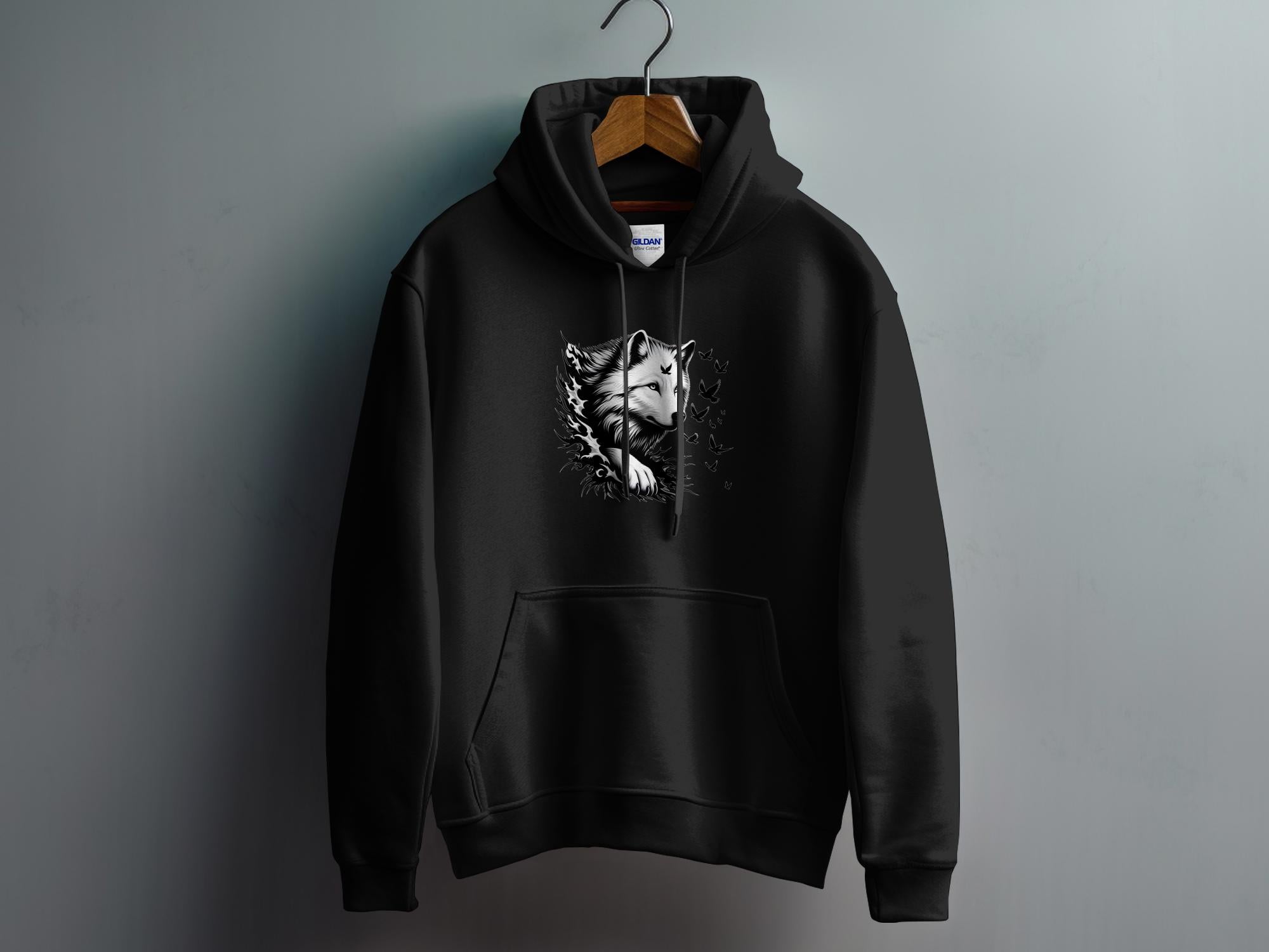 Wolf x Doves - Black White Gildan Hoodie Realistic Animal Talisman Unisex Tee Graphic Design