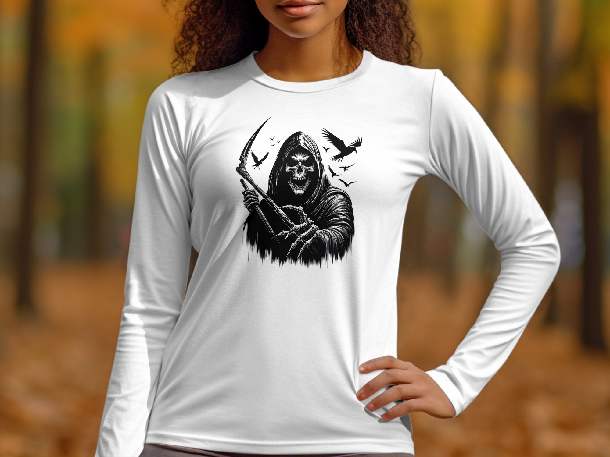 Grim Reaper - Black White Gildan Long Sleeve Commemorative Talisman Unisex Tee Graphic Design