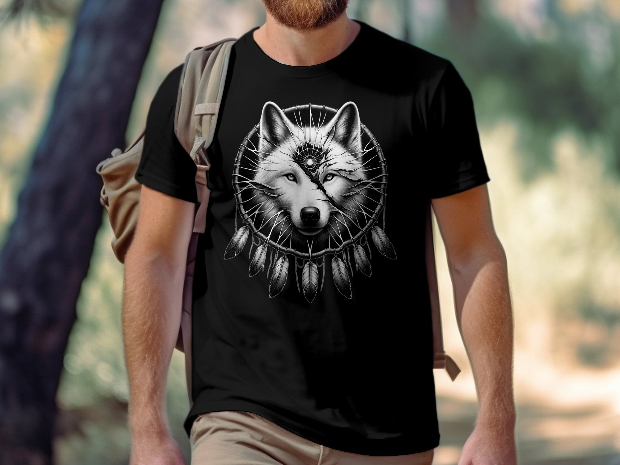 Dreamcatcher Wolf - Coloured Gildan T-Shirt Realistic Native American Talisman Unisex Mythology Tee Graphic Design