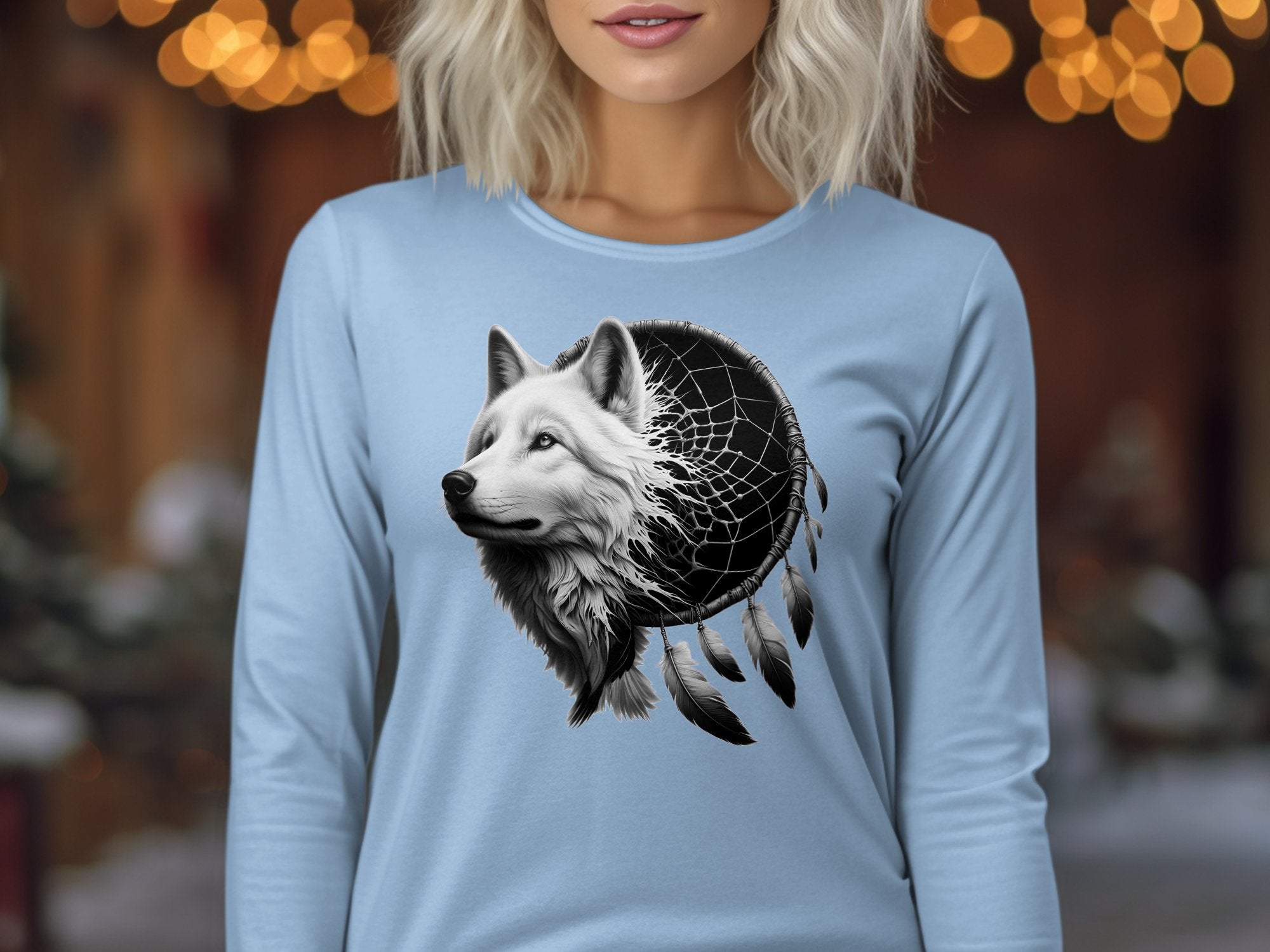 Dreamcatcher Wolf - Coloured Gildan Long Sleeve Realistic Native American Talisman Unisex Mythology Tee Graphic Design