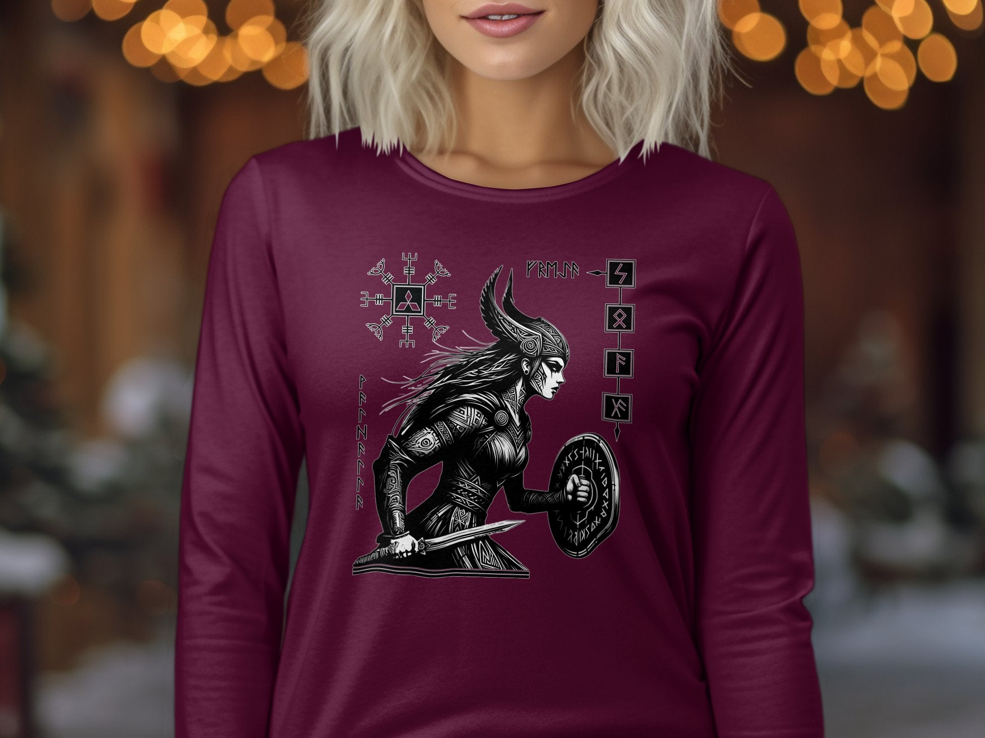 Viking Shield Maiden - Coloured Gildan Long Sleeve Realistic Norse Talisman Men Women Unisex Valhalla Tee Graphic Design