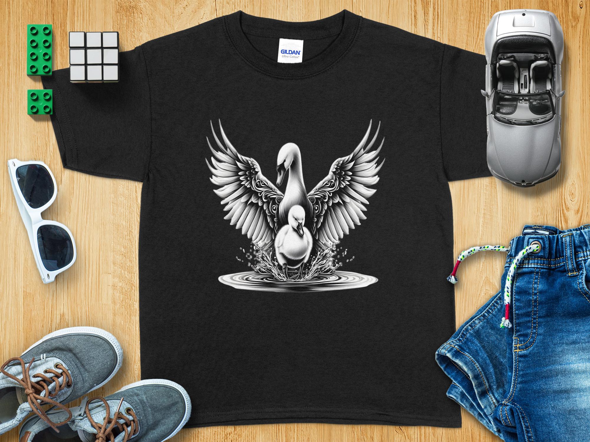 Swan & Cygnet- Black White Gildan Kids T-Shirt Realistic Family Talisman Unisex Tee Graphic Design