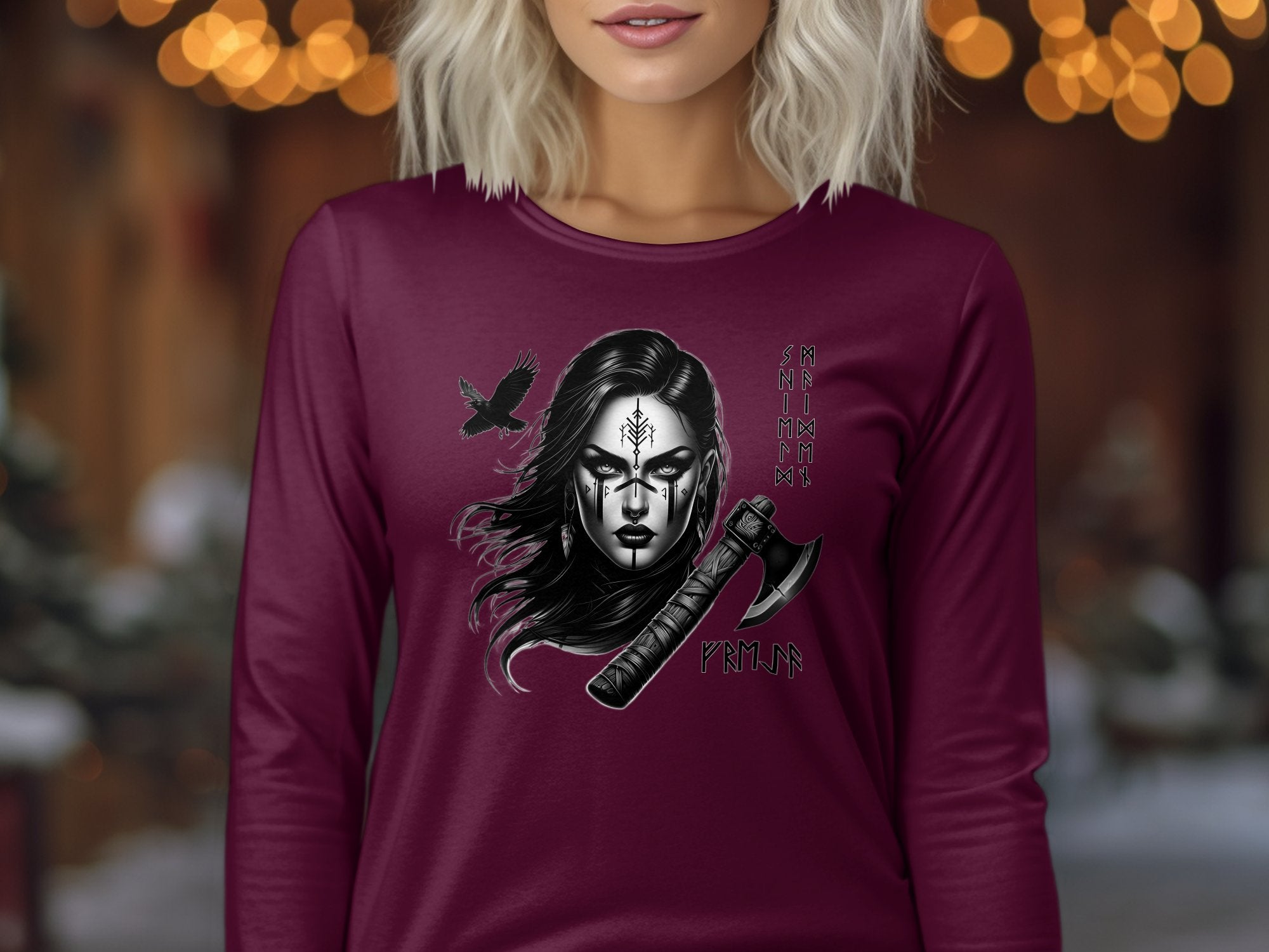 Viking Shield Maiden - Coloured Gildan Long Sleeve Realistic Norse Talisman Men Women Unisex Valhalla Tee Graphic Design