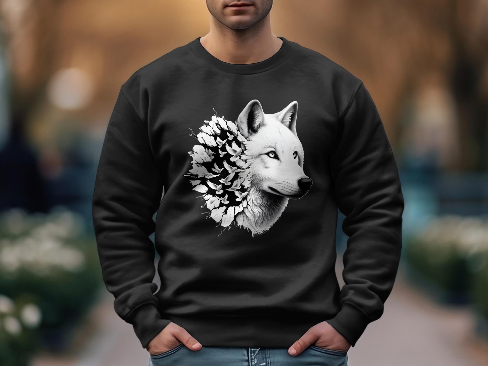 Wolf x Doves - Black White Gildan Sweatshirt Realistic Animal Talisman Unisex Tee Graphic Design