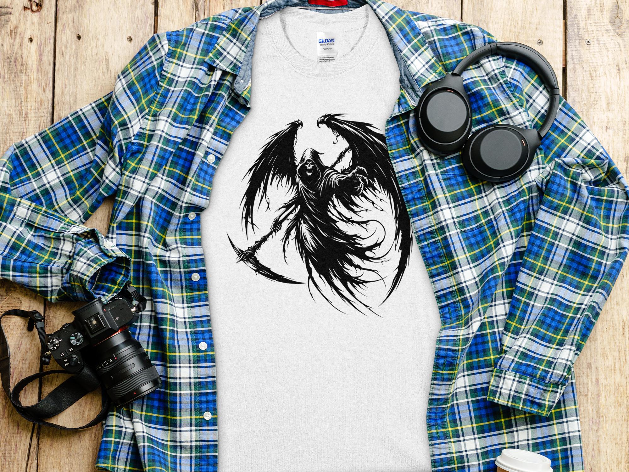 Grim Reaper - Black White Gildan T-Shirt Commemorative Talisman Unisex Tee Graphic Design