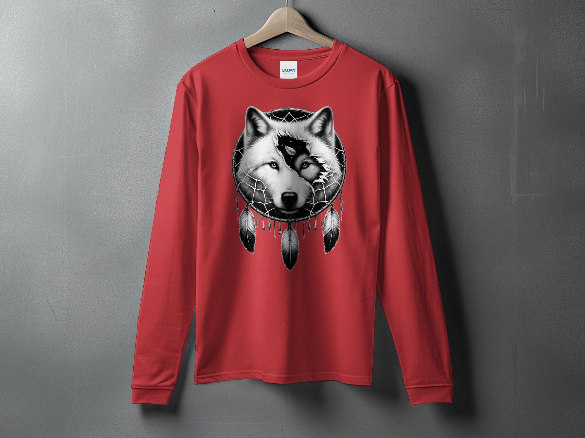 Dreamcatcher Wolf - Coloured Gildan Long Sleeve Realistic Native American Talisman Unisex Mythology Tee Graphic Design