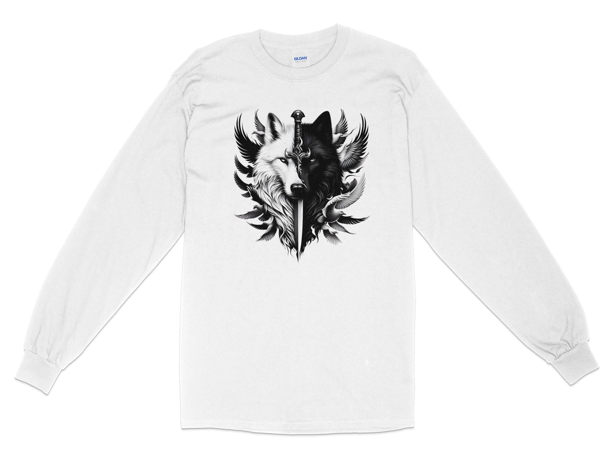 Wolf x Doves - Black White Gildan Long Sleeve Realistic Animal Talisman Unisex Tee Graphic Design