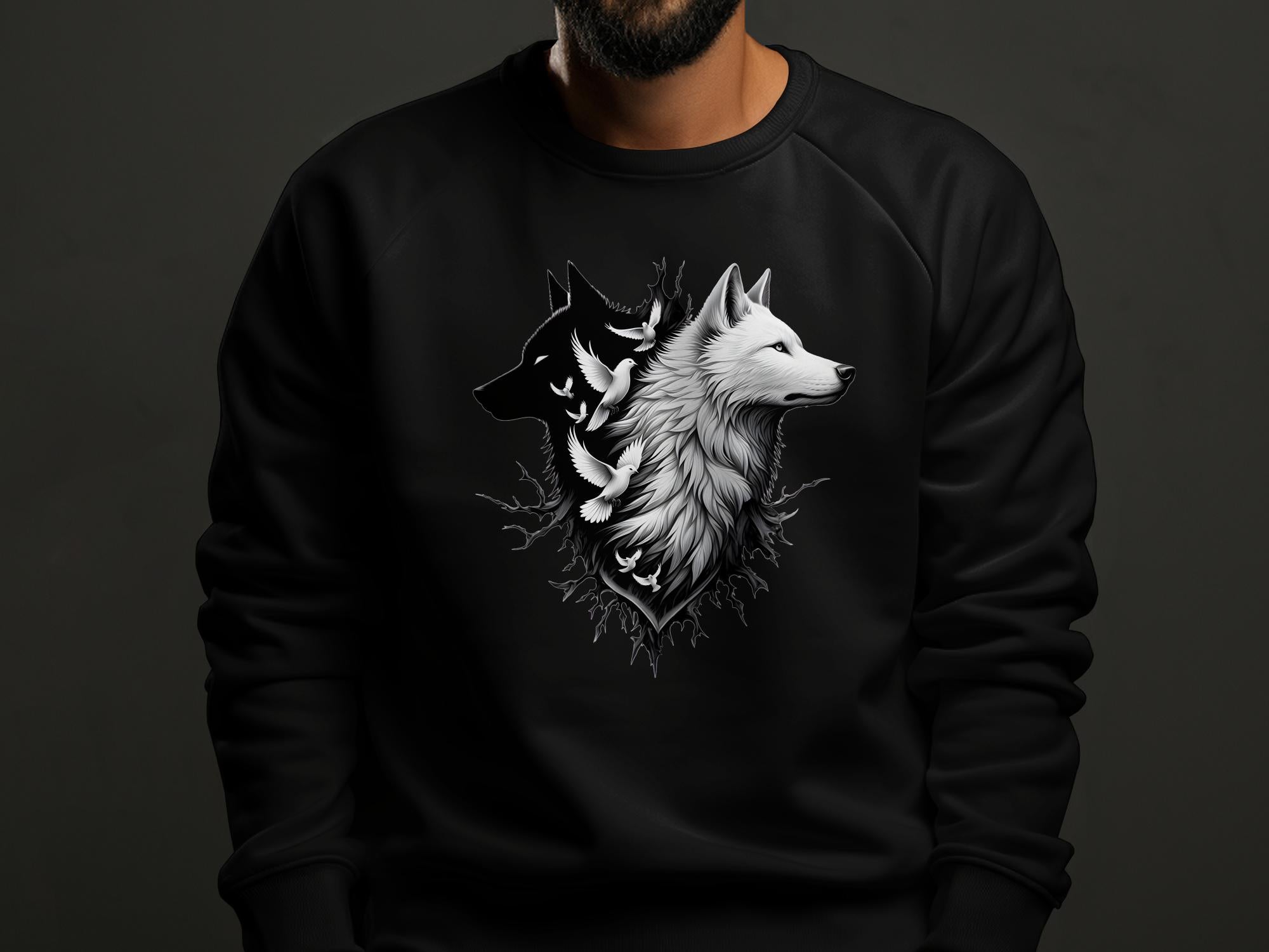 Wolf x Doves - Black White Gildan Sweatshirt Realistic Animal Talisman Unisex Tee Graphic Design