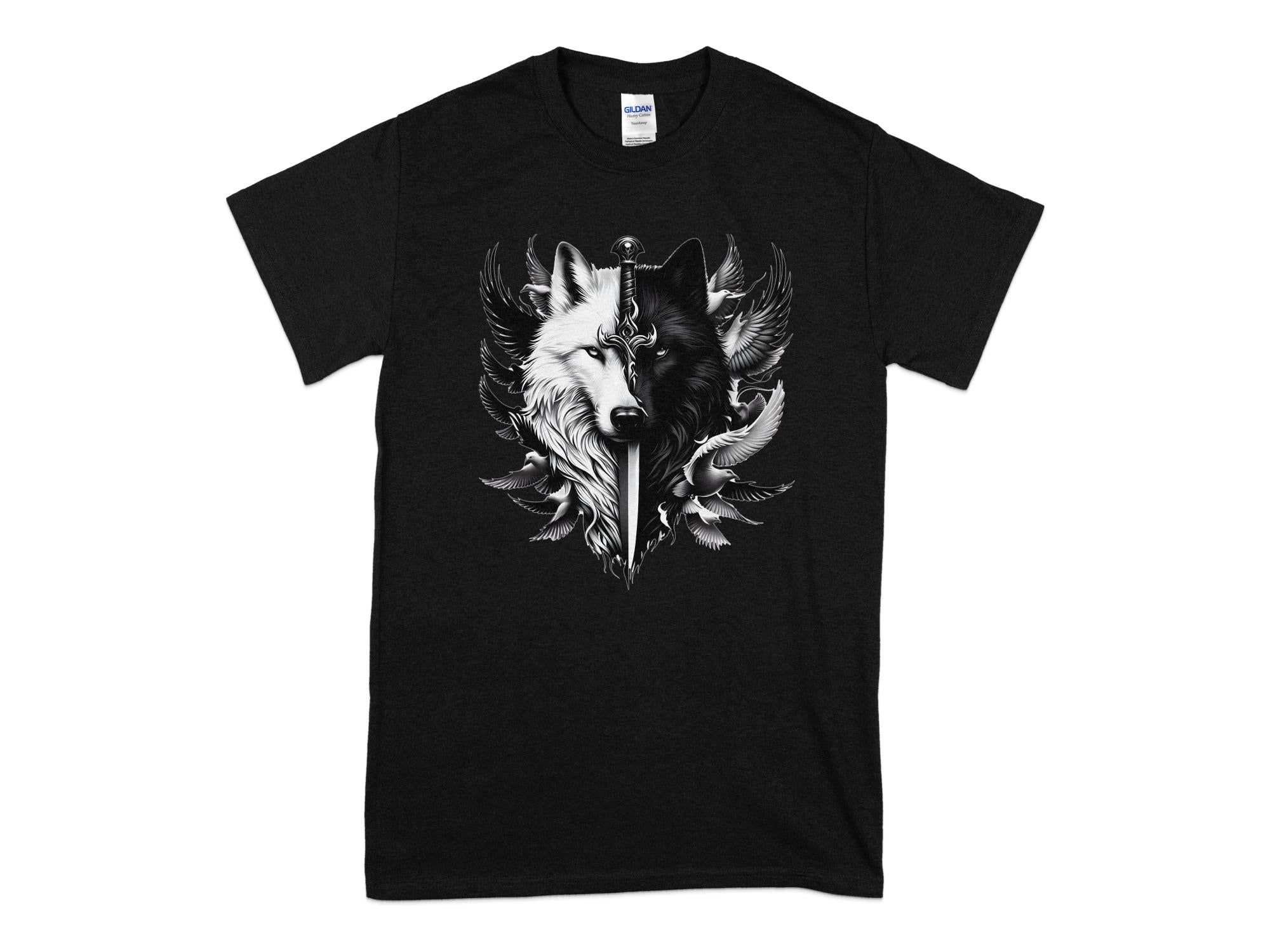 Wolf x Doves - Black White Gildan T-Shirt Realistic Animal Talisman Unisex Tee Graphic Design