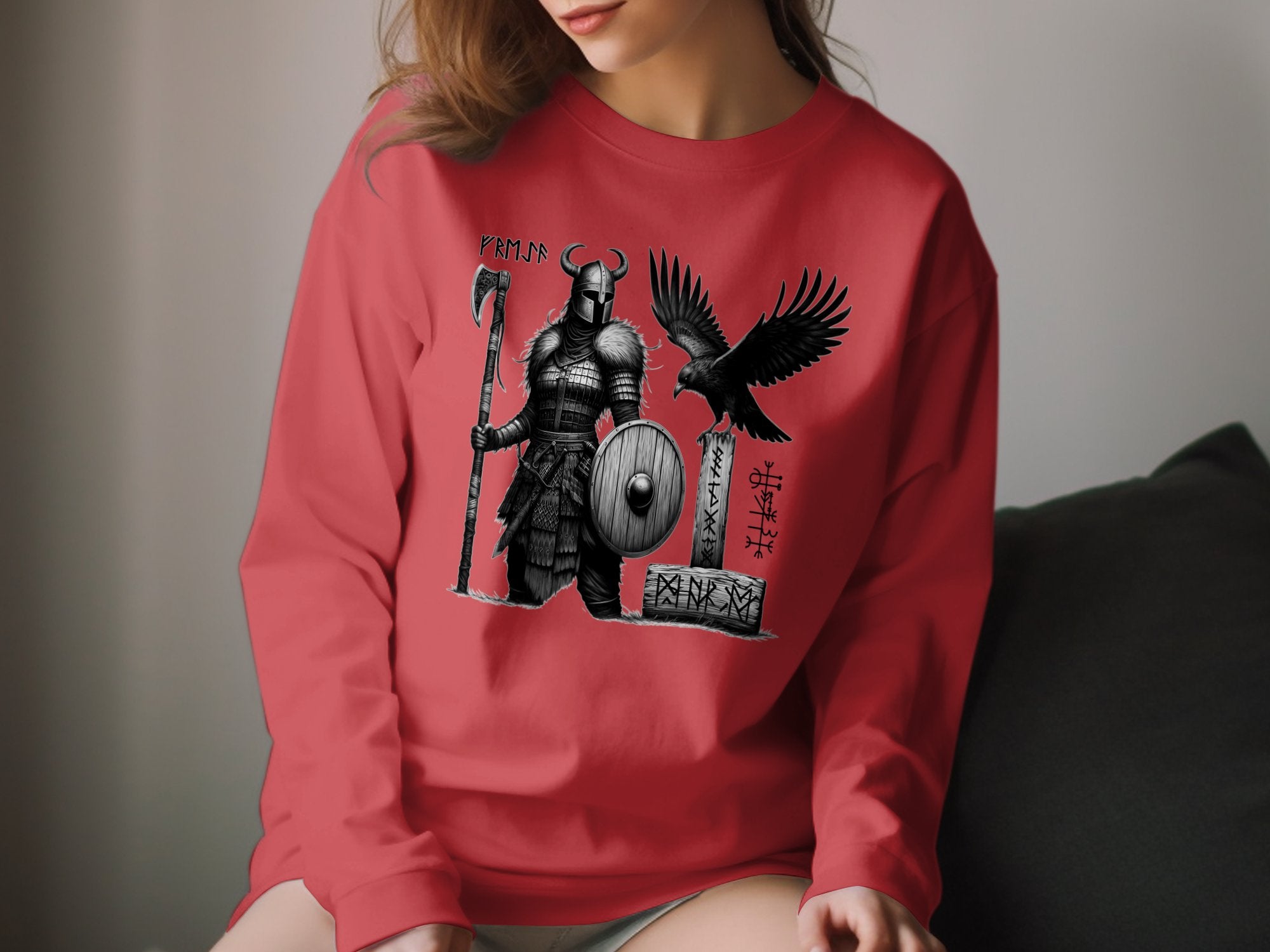 Viking Shield Maiden - Coloured Gildan Long Sleeve Realistic Norse Talisman Men Women Unisex Valhalla Tee Graphic Design