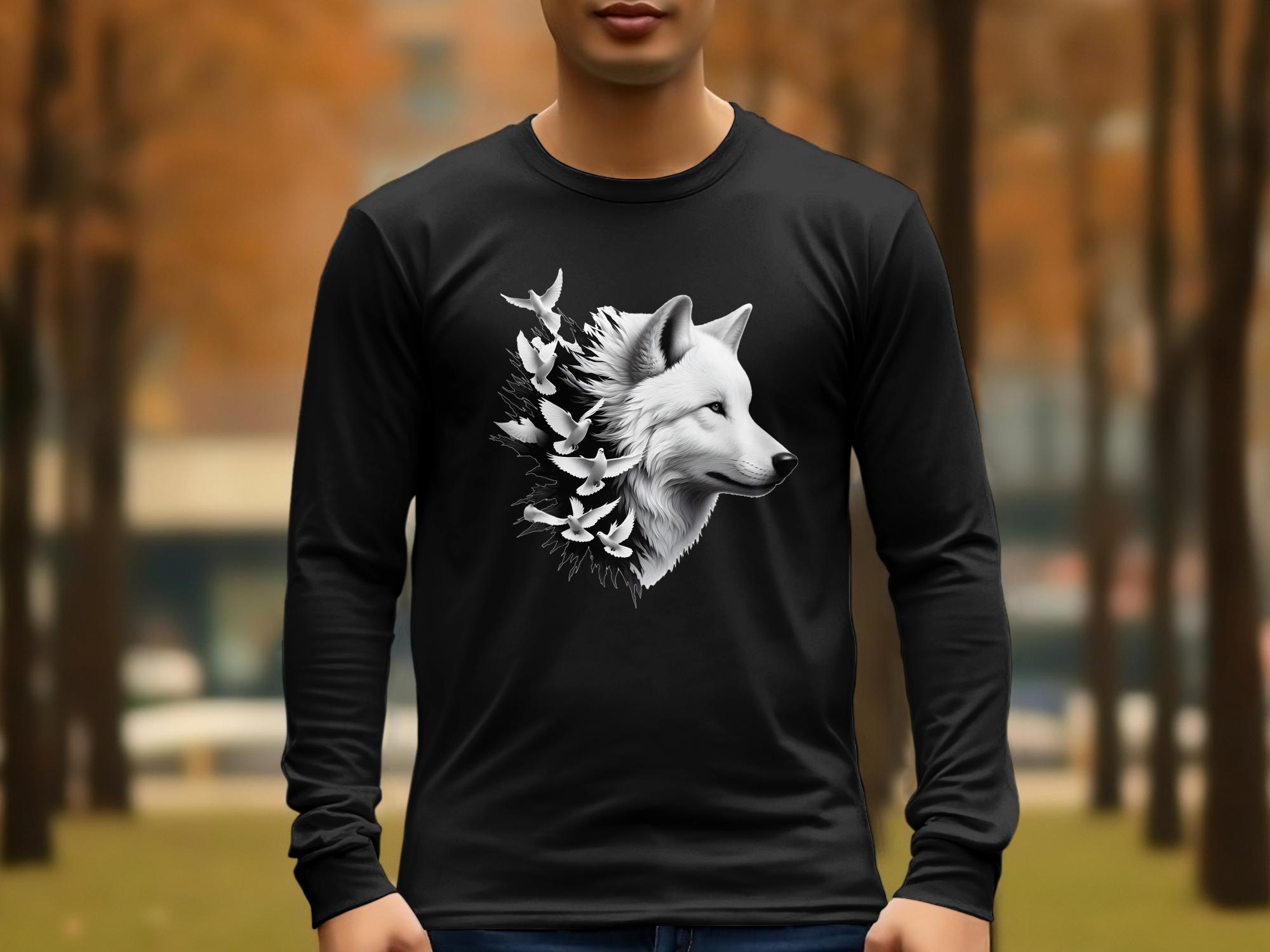 Wolf x Doves - Black White Gildan Long Sleeve Realistic Animal Talisman Unisex Tee Graphic Design