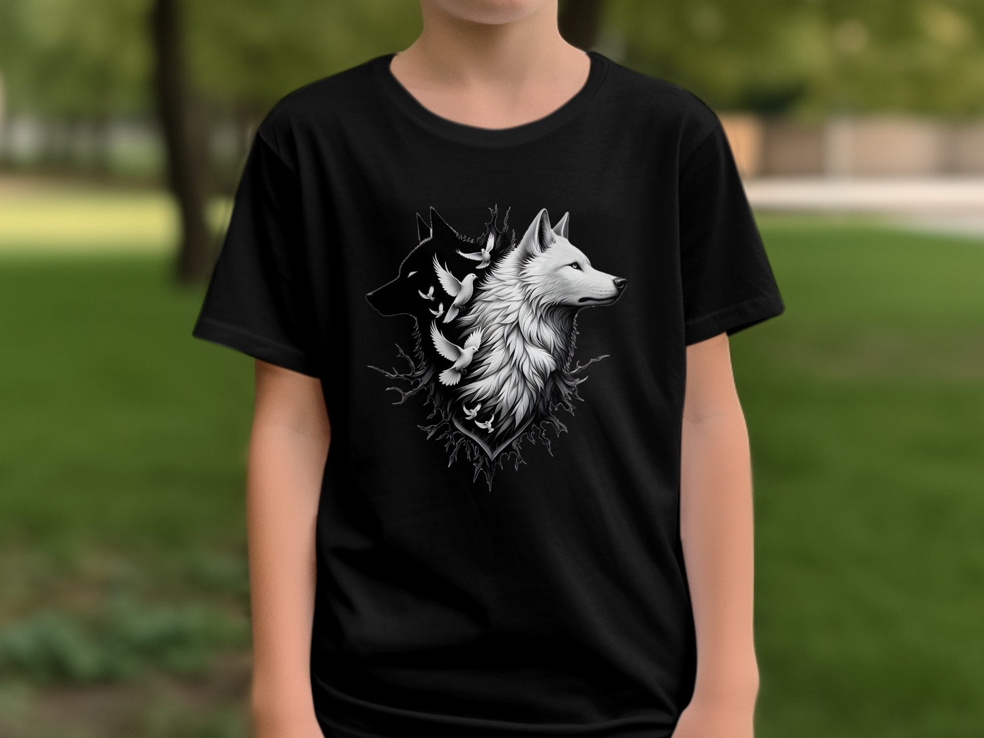 Wolf x Doves - Black White Gildan Kids T-Shirt Realistic Animal Talisman Unisex Tee Graphic Design