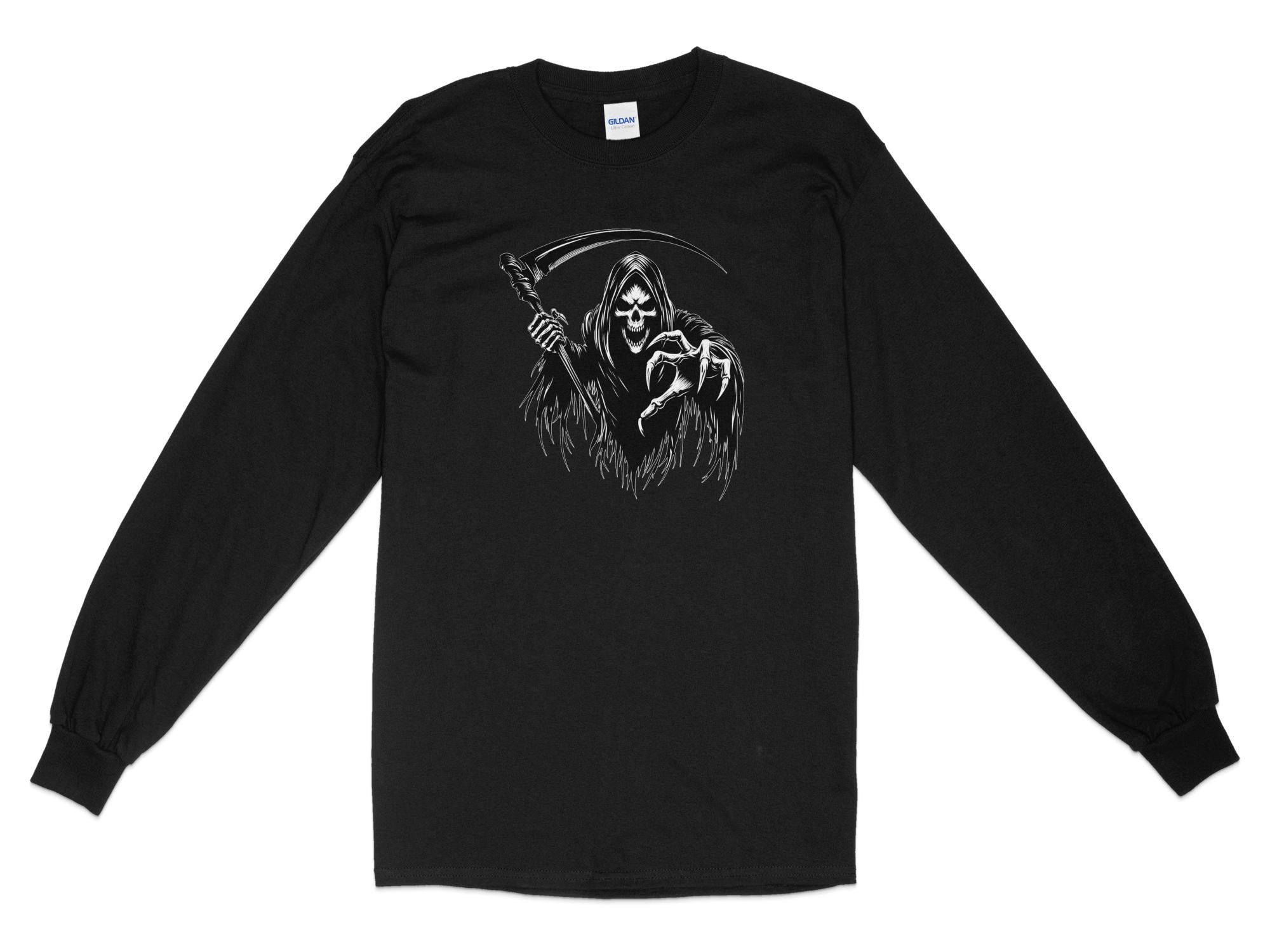 Grim Reaper - Black White Gildan Long Sleeve Commemorative Talisman Unisex Tee Graphic Design