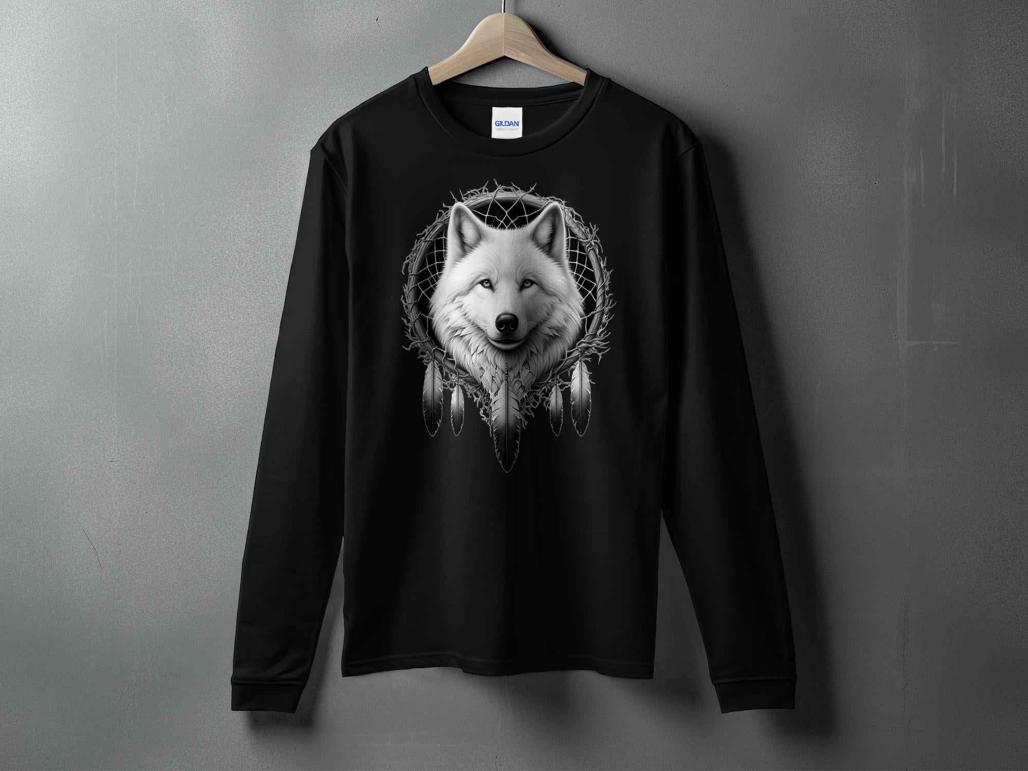 Dreamcatcher Wolf - Coloured Gildan Long Sleeve Realistic Native American Talisman Unisex Mythology Tee Graphic Design