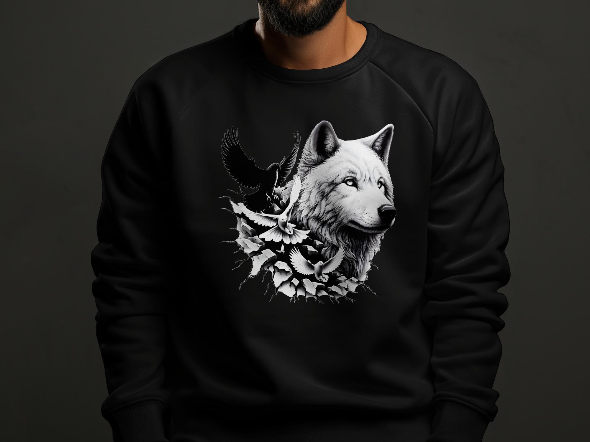 Wolf x Doves - Black White Gildan Sweatshirt Realistic Animal Talisman Unisex Tee Graphic Design