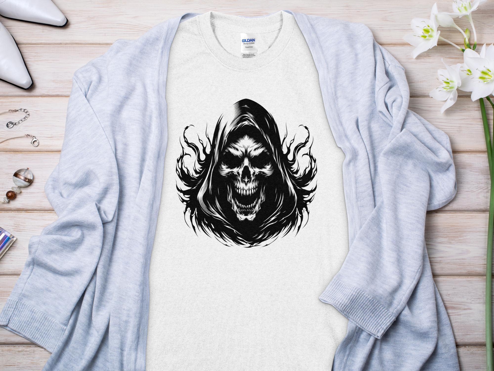 Grim Reaper - Black White Gildan T-Shirt Commemorative Talisman Unisex Tee Graphic Design