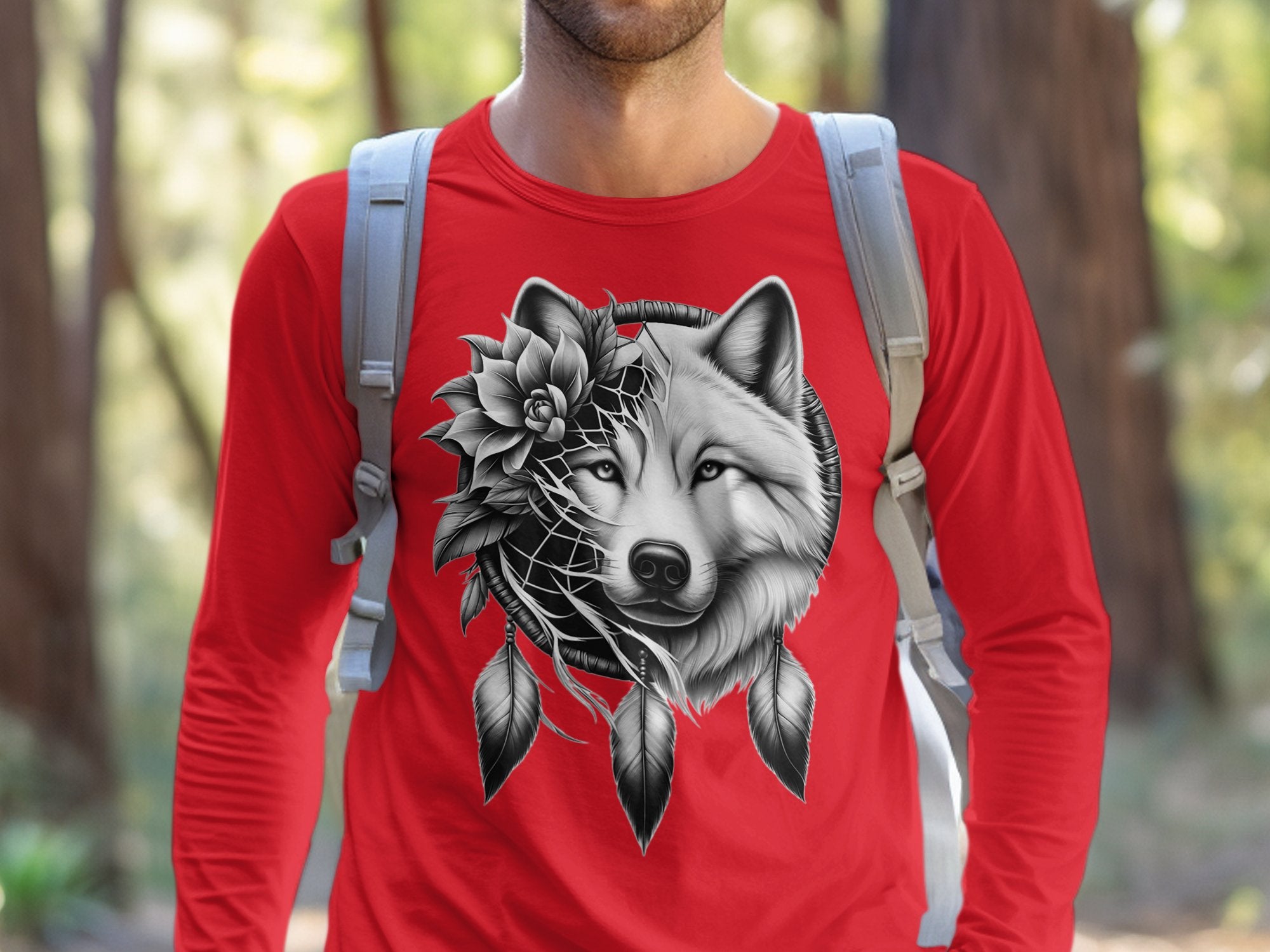 Dreamcatcher Wolf - Coloured Gildan Long Sleeve Realistic Native American Talisman Unisex Mythology Tee Graphic Design