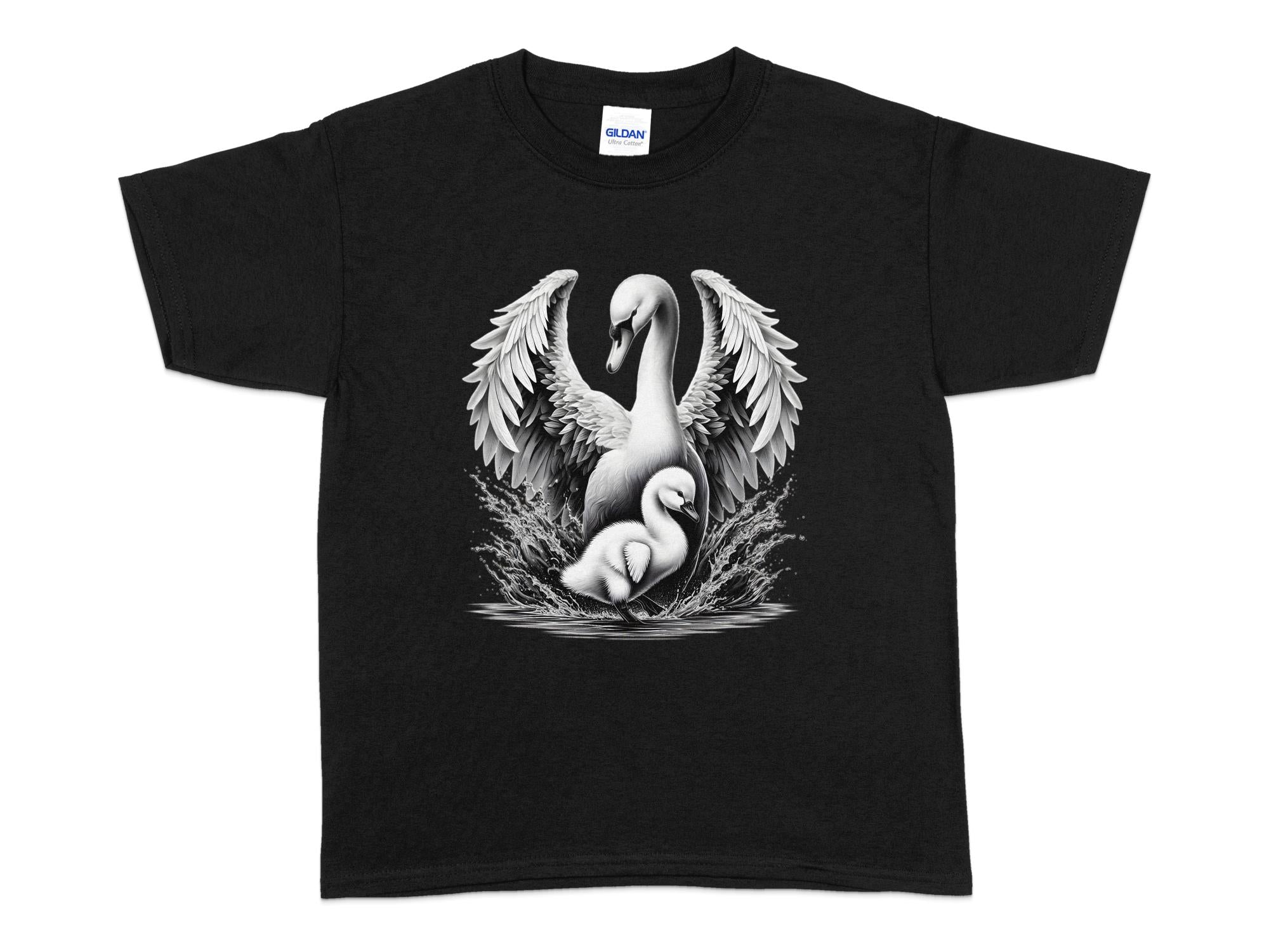 Swan & Cygnet- Black White Gildan Kids T-Shirt Realistic Family Talisman Unisex Tee Graphic Design