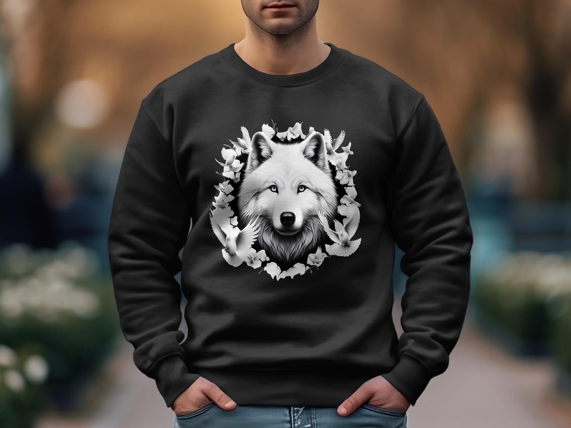 Wolf x Doves - Black White Gildan Sweatshirt Realistic Animal Talisman Unisex Tee Graphic Design