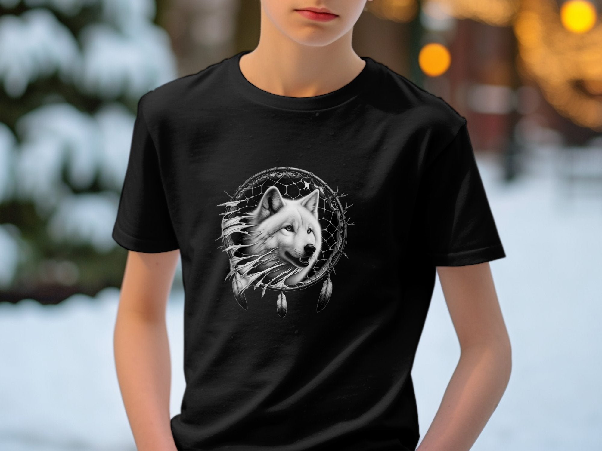 Dreamcatcher Wolf - Coloured Gildan Kids T-Shirt Realistic Native American Talisman Unisex Mythology Tee Graphic Design