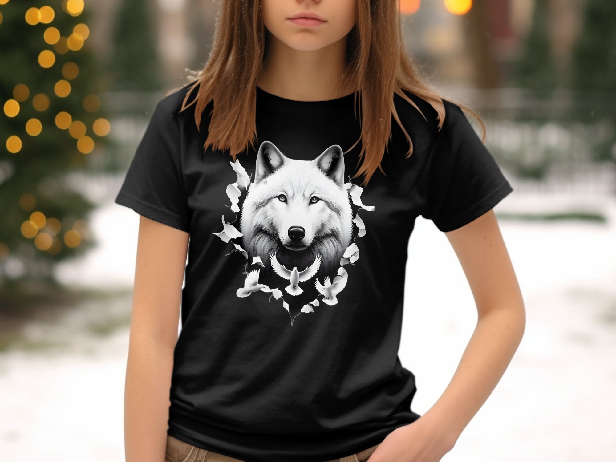 Wolf x Doves - Black White Gildan Kids T-Shirt Realistic Animal Talisman Unisex Tee Graphic Design