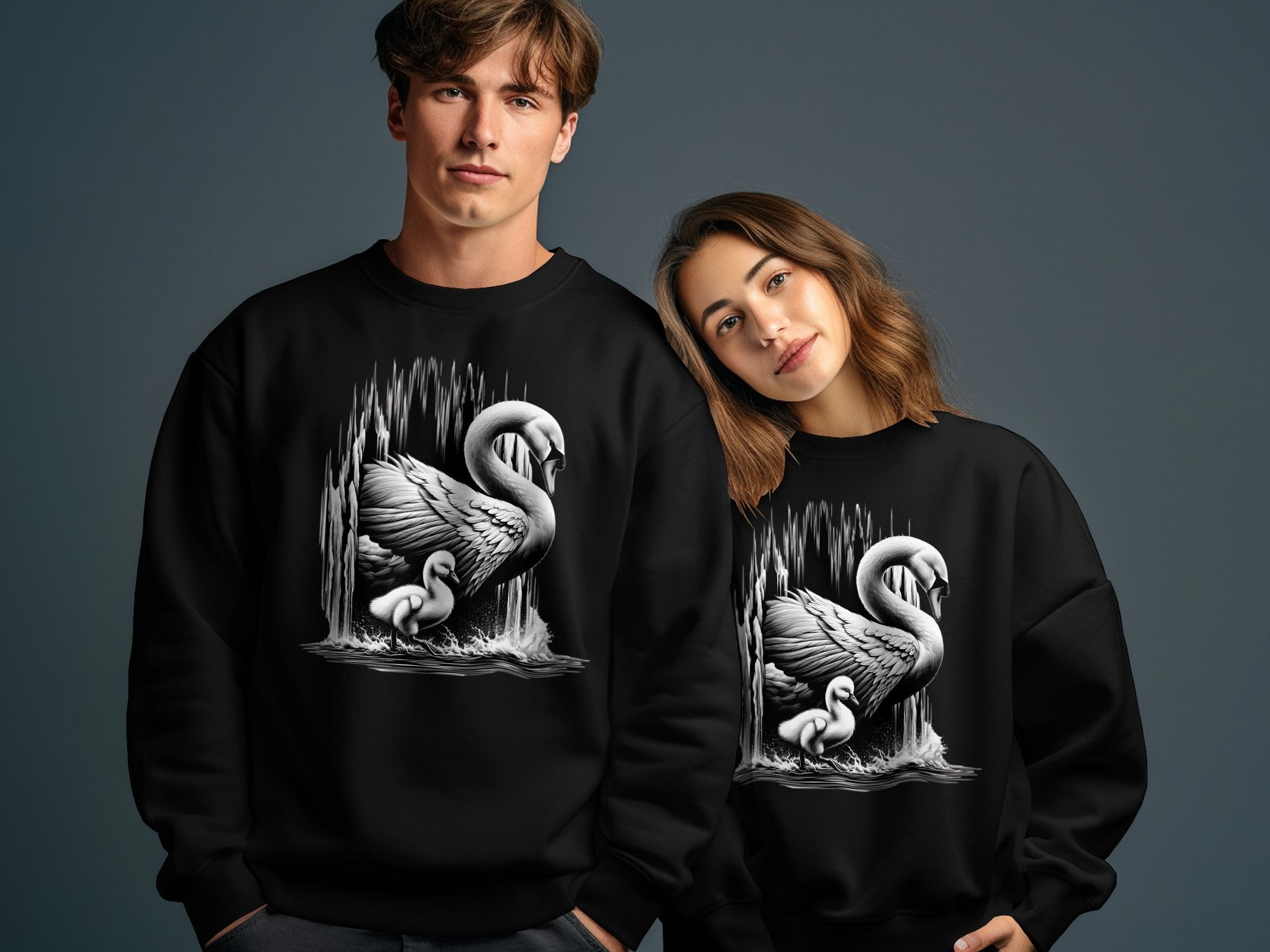 Swan & Cygnet- Black White Gildan Sweatshirt Realistic Family Talisman Unisex Tee Graphic Design