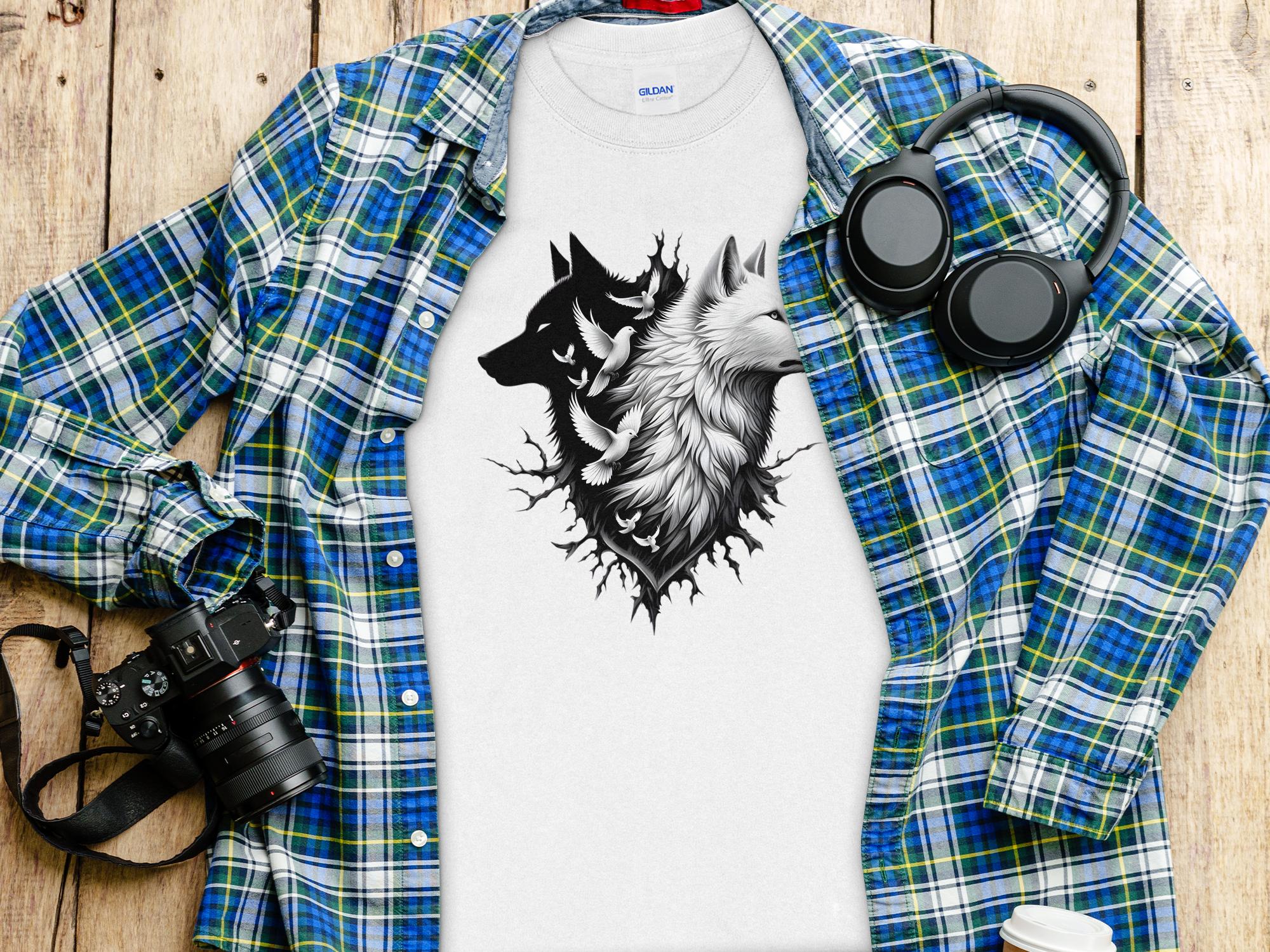 Wolf x Doves - Black White Gildan Long Sleeve Realistic Animal Talisman Unisex Tee Graphic Design