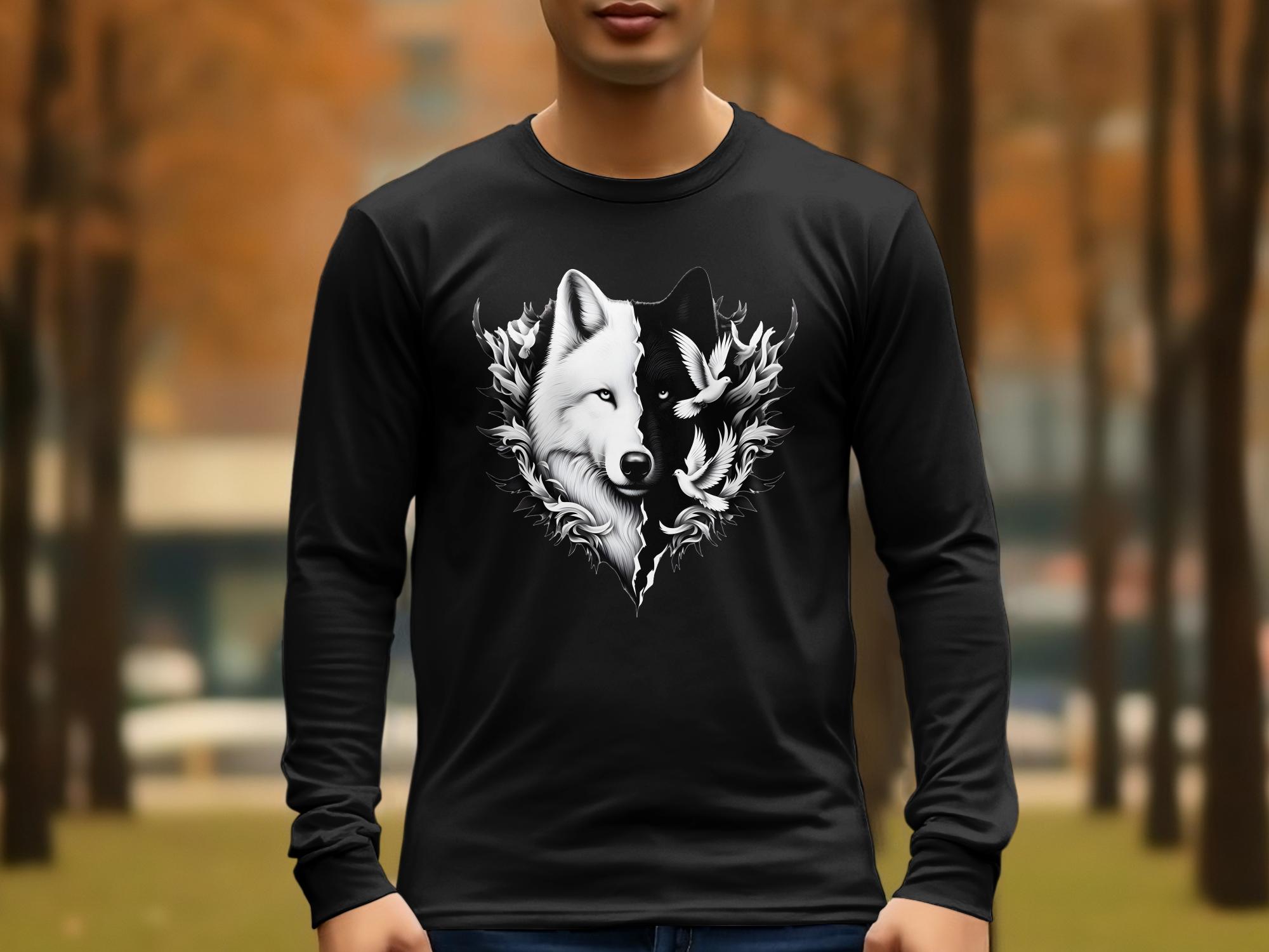 Wolf x Doves - Black White Gildan Long Sleeve Realistic Animal Talisman Unisex Tee Graphic Design