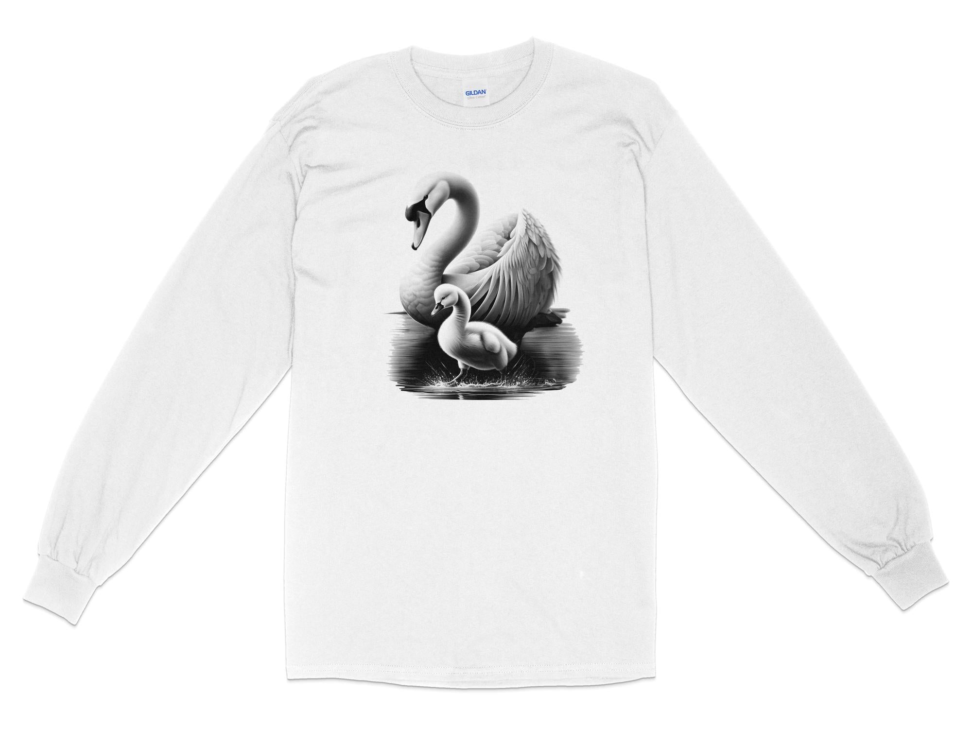 Swan & Cygnet- Black White Gildan Long Sleeve Realistic Family Talisman Unisex Tee Graphic Design