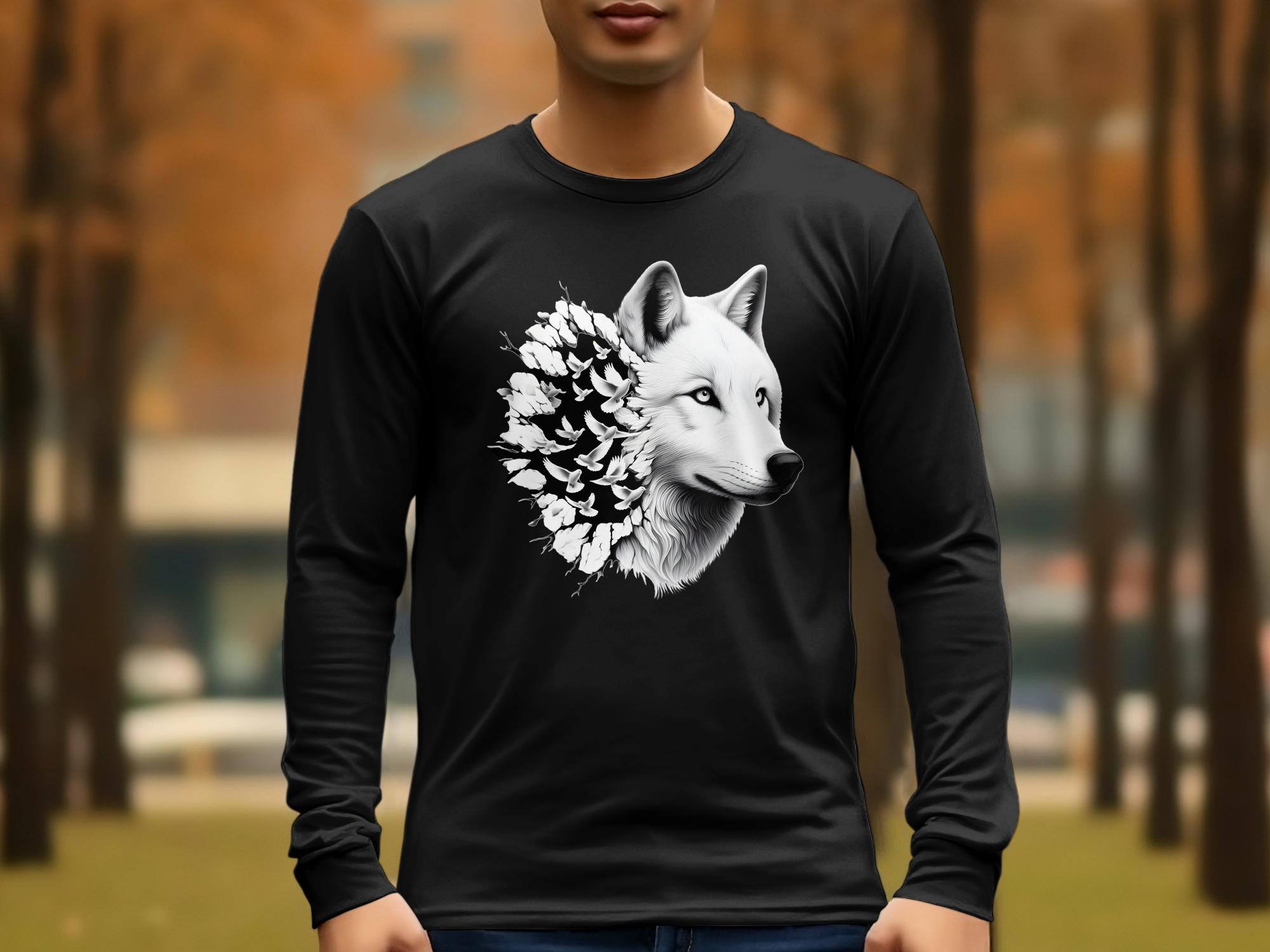 Wolf x Doves - Black White Gildan Long Sleeve Realistic Animal Talisman Unisex Tee Graphic Design