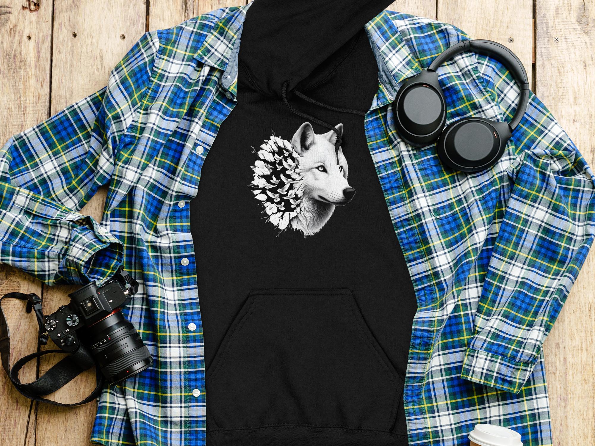 Wolf x Doves - Black White Gildan Hoodie Realistic Animal Talisman Unisex Tee Graphic Design