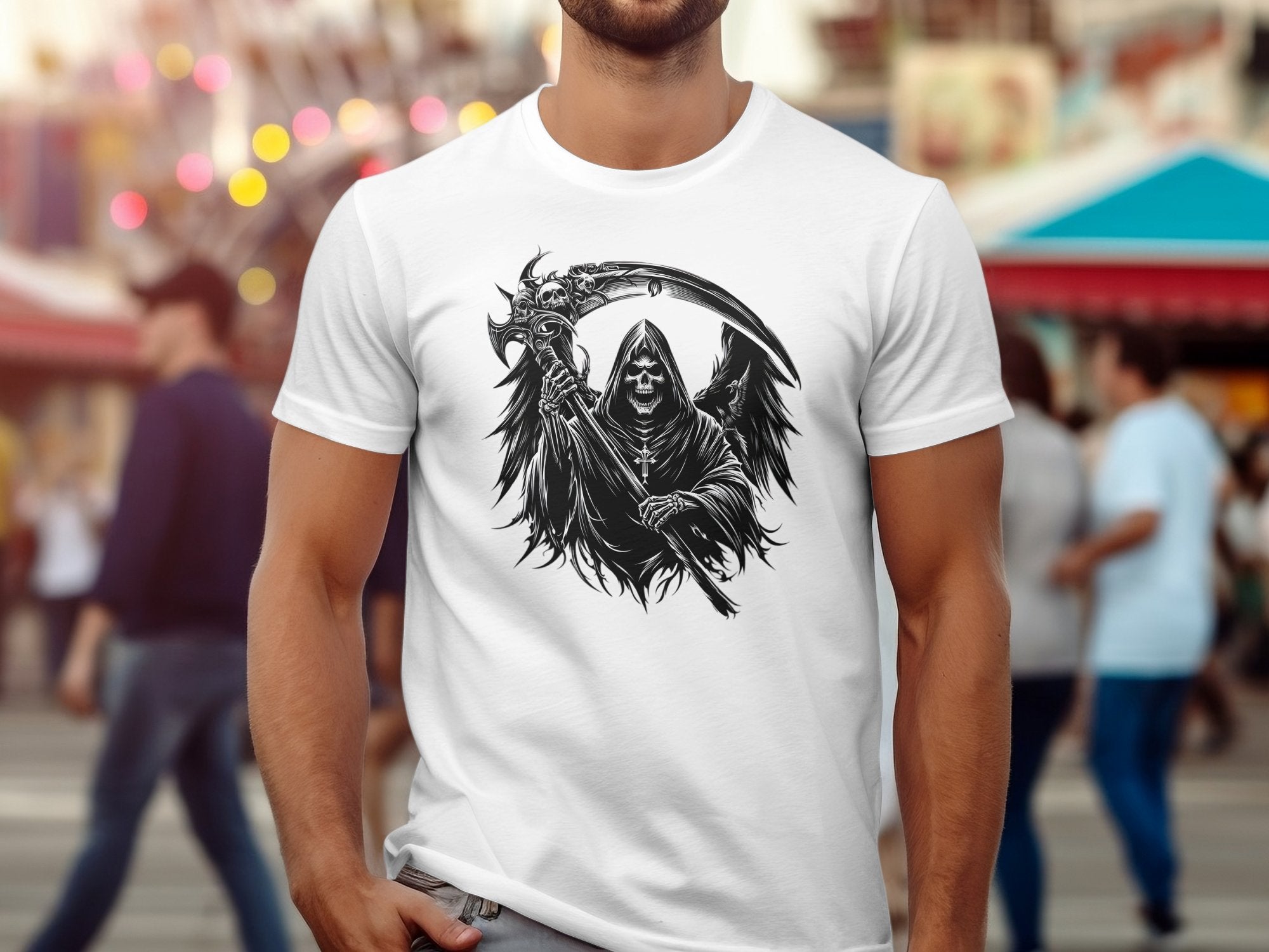 Grim Reaper - Black White Gildan T-Shirt Commemorative Talisman Unisex Tee Graphic Design