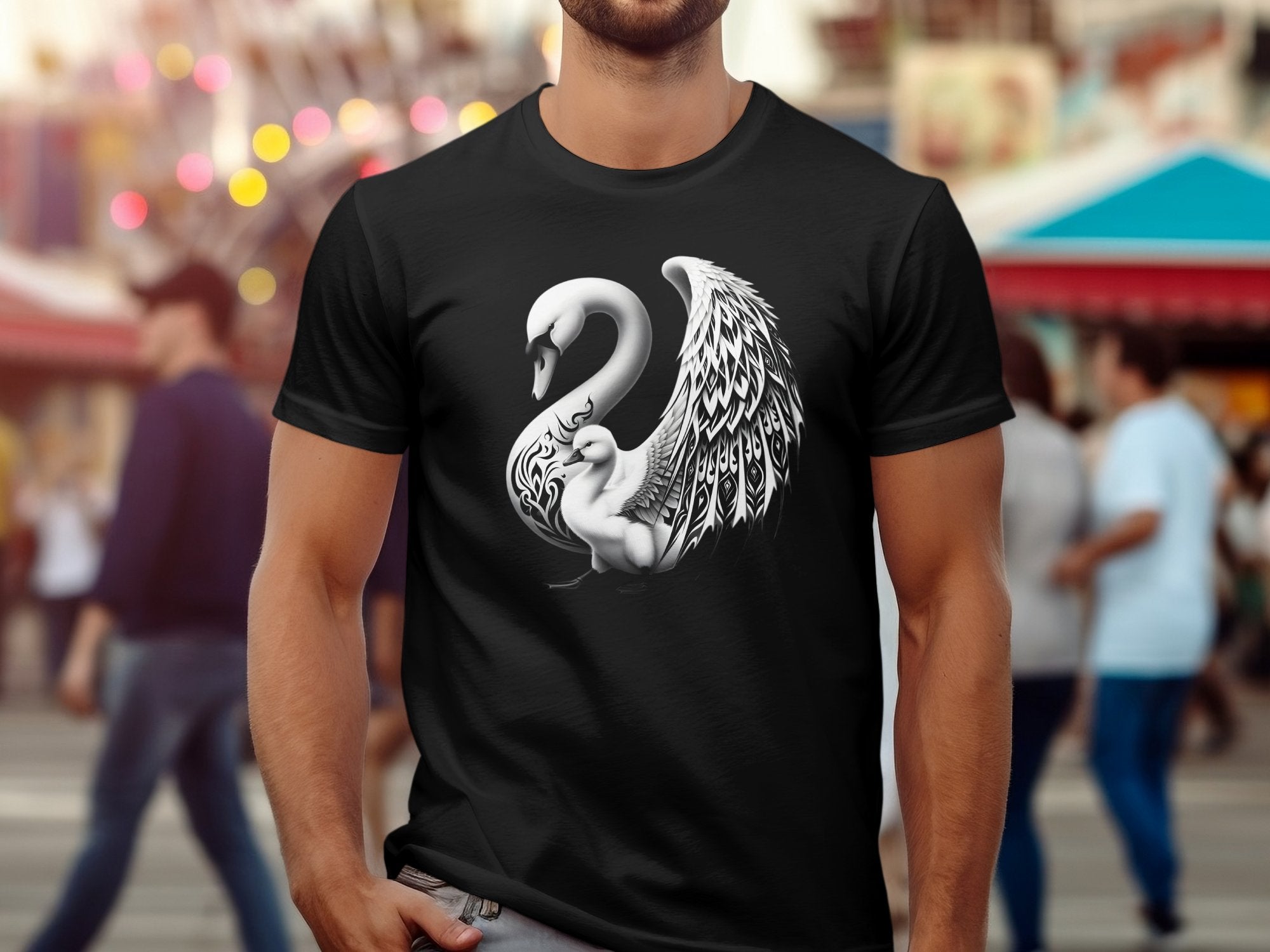 Swan & Cygnet- Black White Gildan T-Shirt Realistic Family Talisman Unisex Tee Graphic Design